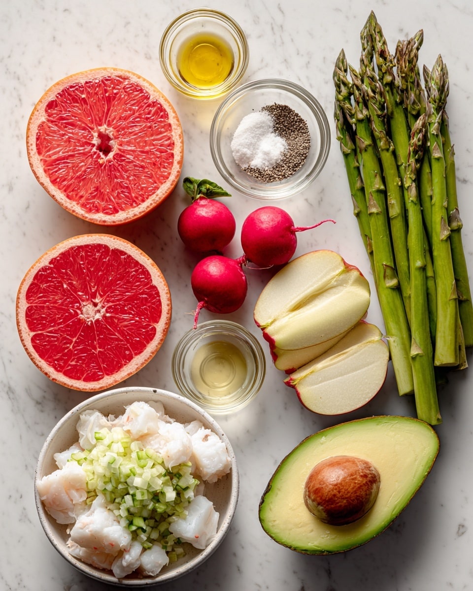 The image shows fresh and colorful ingredients neatly arranged on a white marbled surface. On the left, there are two halves of bright red grapefruit with a soft texture. Next to them, two small bright red radishes with green leaves, then two thin slices of light green apple with purple edges, and a halved avocado with a smooth, light green inside and a large brown seed in the center. At the top right, a bunch of green asparagus with small leaves is placed. Below the asparagus, a white bowl is filled with white crab meat resting on a bed of finely chopped green celery. Above the crab bowl, there are small clear glass bowls holding a pale yellow creamy mayo, light olive oil, white salt, black pepper, and a clove of garlic. Everything is organized in a clean and bright way, photo taken with an iphone --ar 4:5 --v 7