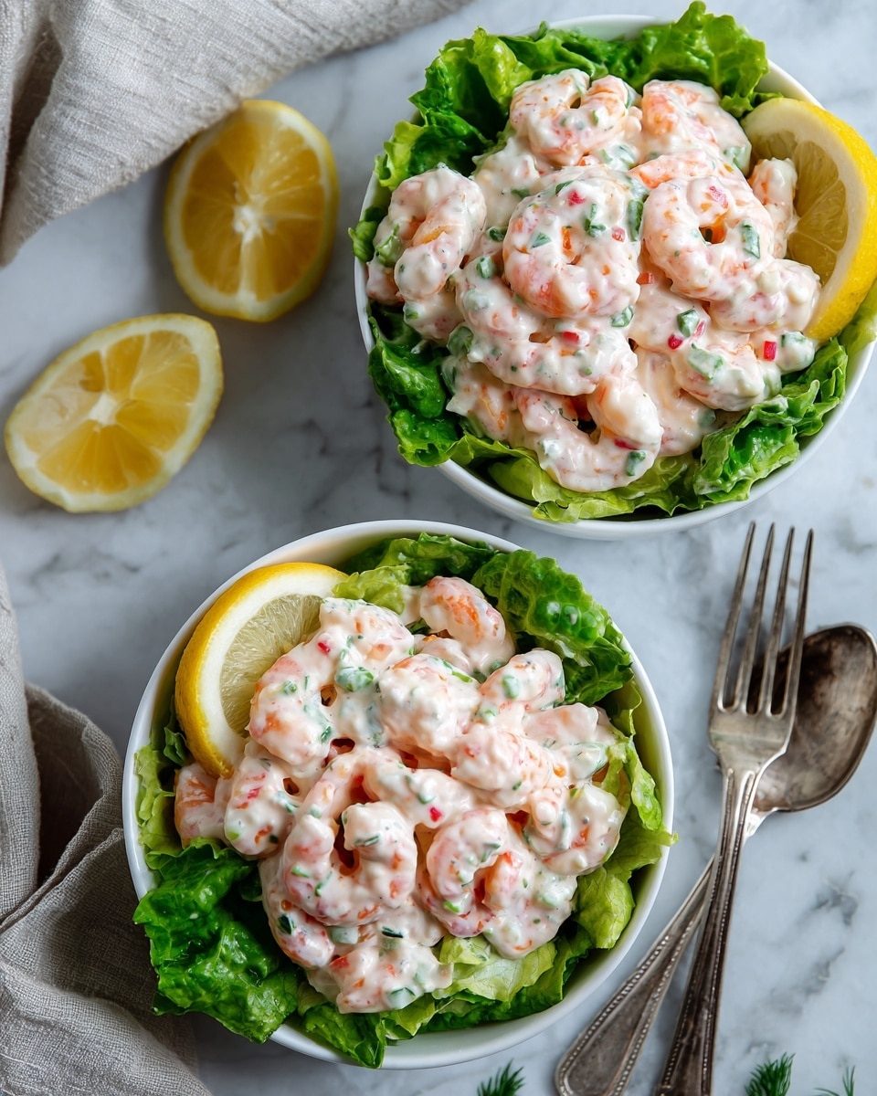 The image shows two white bowls filled with a creamy shrimp salad placed on a white marbled surface. Each bowl contains a mixture of small pink shrimp coated in a thick white sauce with small green and red bits, likely herbs or vegetables, throughout. The shrimp salad is layered on a bed of fresh green lettuce leaves that add a bright contrast to the creamy salad. Each bowl is garnished with a bright yellow lemon wedge resting on the edge. Behind the bowls, part of a woman's hand is visible, suggesting someone is about to serve or hold one. The scene includes some cut lemon pieces and a silver serving fork to the side. The overall look is fresh and inviting with soft natural light. photo taken with an iphone --ar 4:5 --v 7