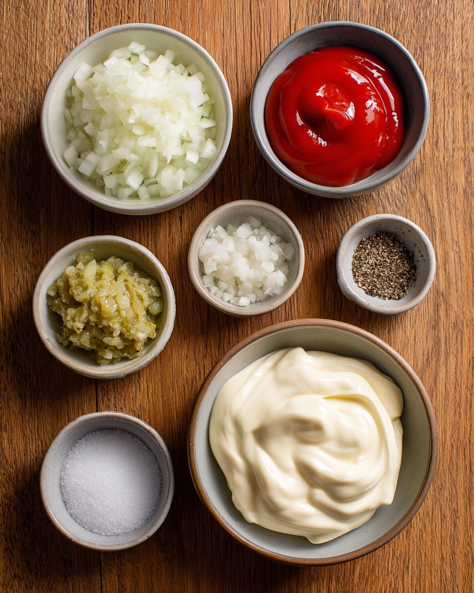 There are eight small bowls arranged neatly on a wooden table. The largest bowl, placed on the right side, holds smooth, creamy white mayonnaise with soft folds. In the top left, a medium bowl is full of finely chopped white onions. Next to it on the right, a small bowl contains bright red ketchup with a glossy texture. Below the onions, a small bowl has a green chunky relish with visible bits. A tiny bowl beside it holds finely minced pale garlic. Another small bowl contains coarse white salt, while the bottom left bowl holds white granulated sugar. The last small bowl, located at the bottom right, shows ground black pepper with a speckled texture. Photo taken with an iphone --ar 4:5 --v 7