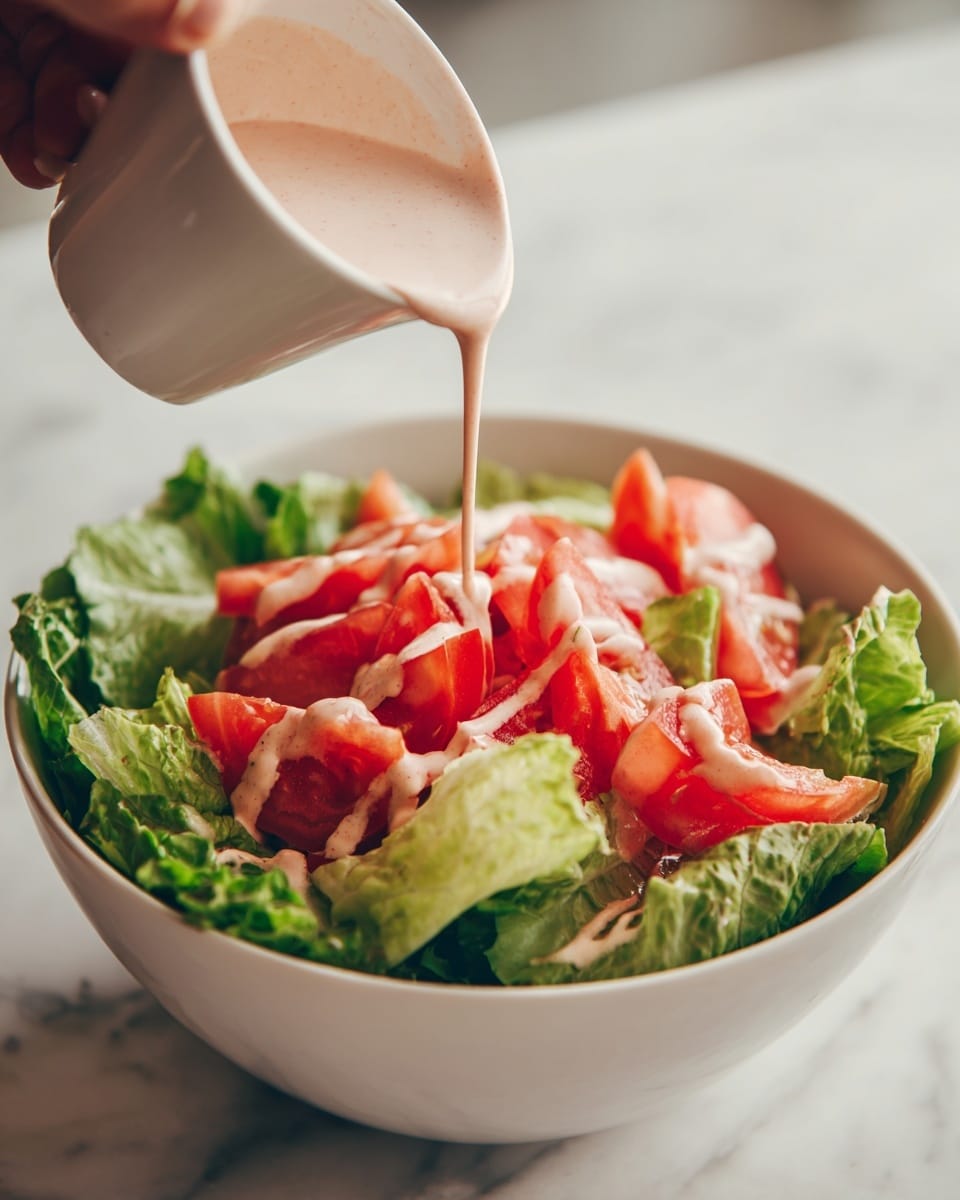 A white bowl filled with fresh green lettuce leaves forms the base layer. On top, there are bright red tomato wedges evenly spread. A creamy light pink dressing is being poured in stripes across the salad from a woman's hand holding a small white bowl. The background surface is a white marbled texture. photo taken with an iphone --ar 4:5 --v 7