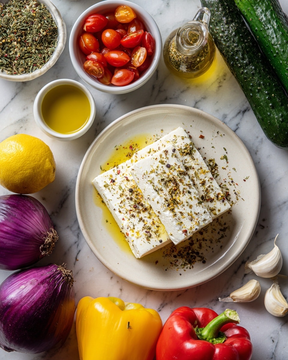 The image shows a white plate with two thick, white slices of cheese sprinkled with black pepper. Around the plate on a white marbled surface are small bowls and fresh vegetables: a small white bowl with golden olive oil, a small white bowl filled with bright red cherry tomatoes, a clear glass container with dried green herbs, a yellow lemon, a yellow bell pepper, a red bell pepper, a whole purple onion, and two dark green cucumbers. Two cloves of garlic lie next to the olive oil bowl. The arrangement is neat and colorful with strong contrasts. photo taken with an iphone --ar 4:5 --v 7