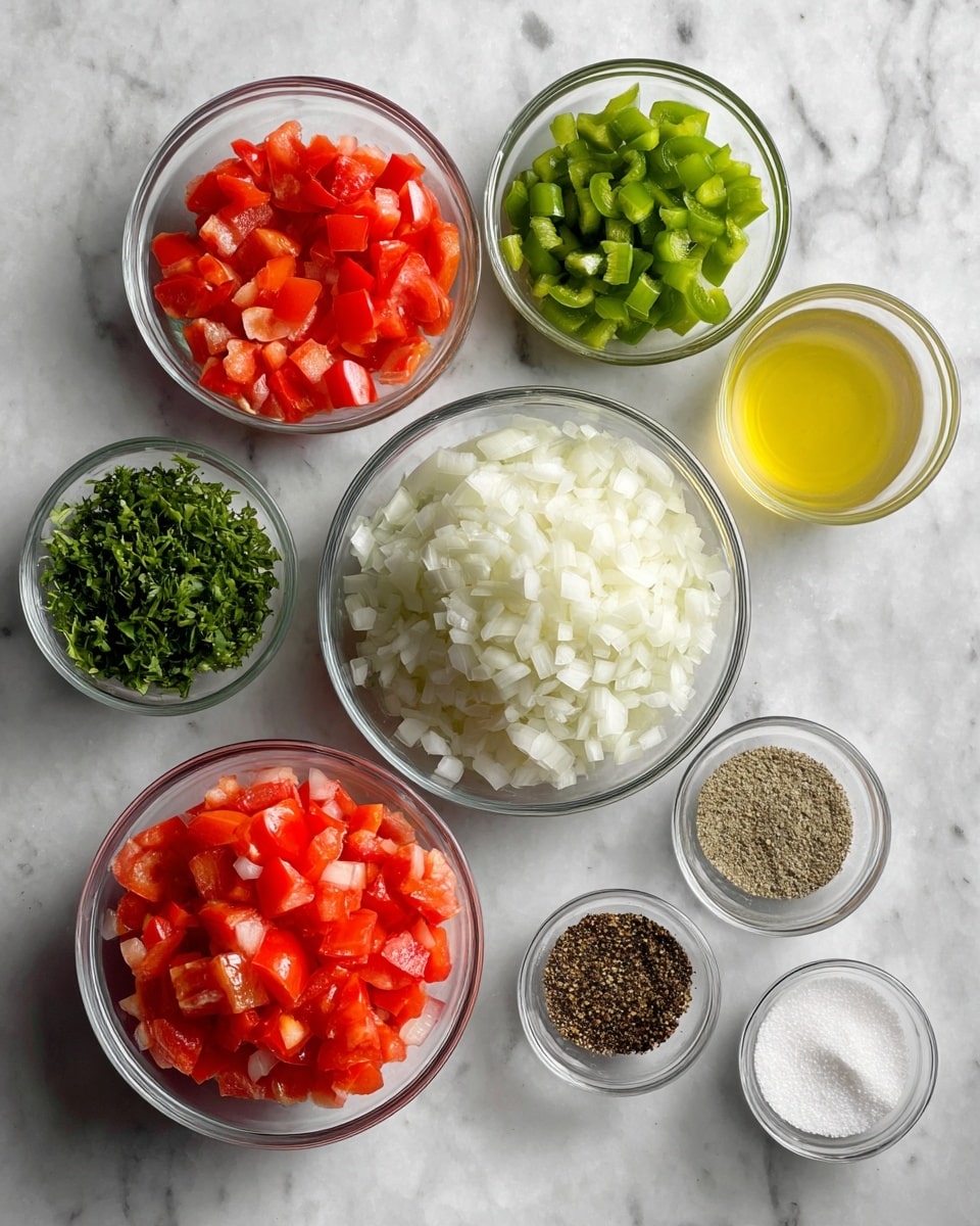 The image shows eight small clear glass bowls of different sizes arranged on a white marbled surface. The largest bowl in the center holds finely chopped white onions. To its lower left is a slightly smaller bowl filled with diced red tomatoes. Above that, a medium bowl contains chopped green bell peppers. Below the onion bowl, a small bowl is filled with chopped green herbs. Above the onion bowl, there is a small bowl with light yellow liquid, likely lemon juice. To the right of that are three very small bowls in a vertical line, containing ground brown spice, black pepper, and white salt respectively. The colors are bright and fresh, with the bowls evenly spaced in a clean simple layout. Photo taken with an iphone --ar 4:5 --v 7