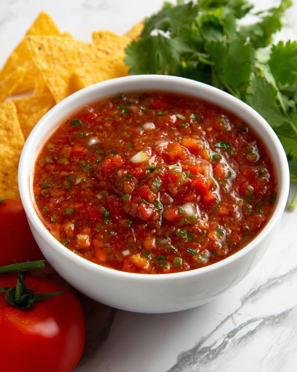 A white cup filled with chunky red salsa that has visible pieces of tomatoes, onions, and green herbs mixed in. The salsa looks fresh and slightly wet with a thick texture. Behind the cup, there are yellow corn chips placed casually. To the right side of the cup, bright red tomatoes and green cilantro leaves are partially visible on a white marbled background. Photo taken with an iphone --ar 4:5 --v 7