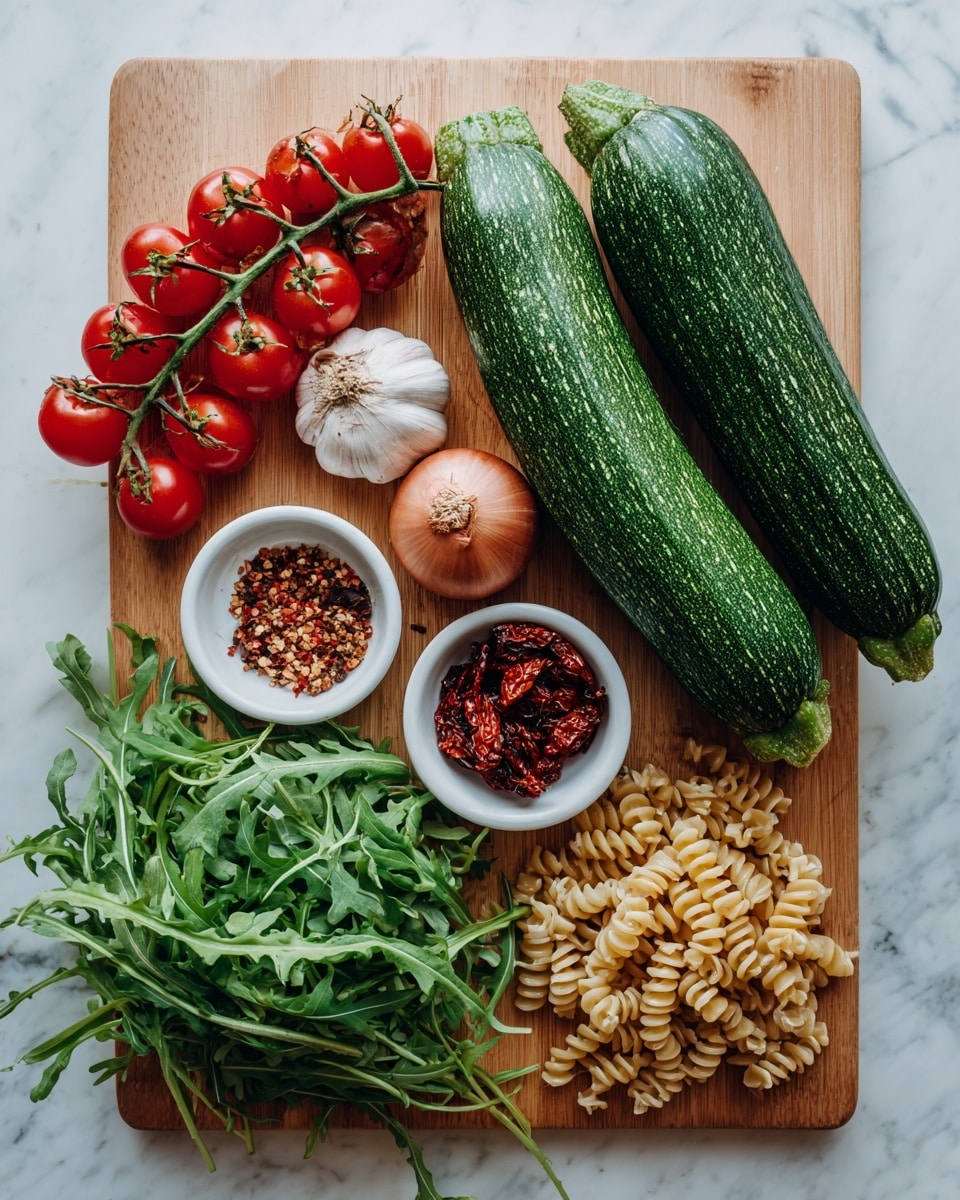 Summer Veg Pasta Recipe 4 The image shows two large green zucchinis and a bunch of red cherry tomatoes still on the vine placed on the top left of a wooden board. Below them, there are some garlic cloves and a whole red onion, both unpeeled. In the center, there are two small white bowls; one holds red pepper flakes and the other holds dried sun-dried tomatoes. Below the bowls, there is a small pile of dried pasta with a spiral shape. On the bottom left, a fresh bunch of green arugula leaves is spread out. The overall layout is neat and organized on a light wooden board, all set on a white marbled surface. photo taken with an iphone --ar 4:5 --v 7