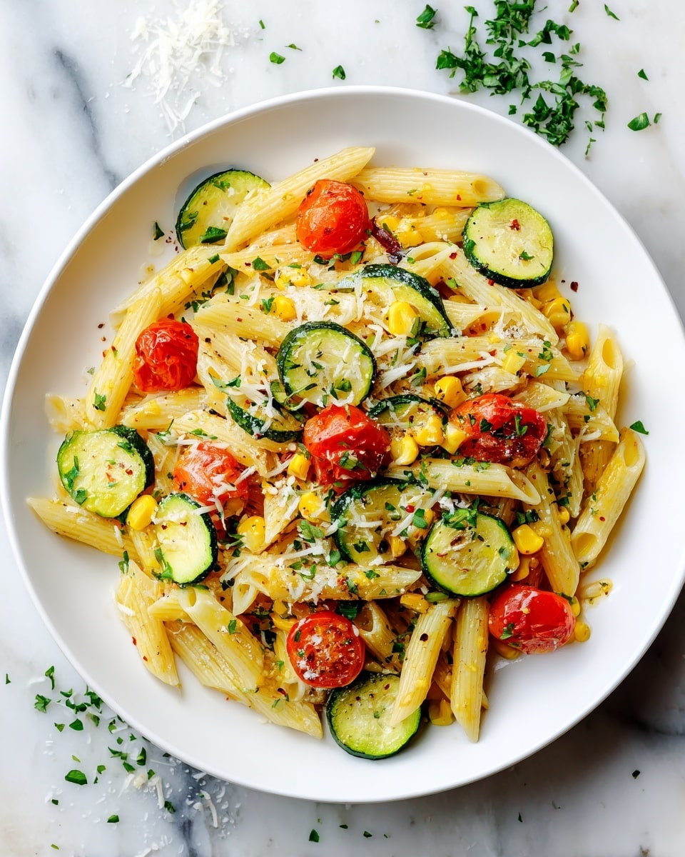 Summer Veg Pasta Recipe 5 A white plate full of penne pasta forms the base layer, mixed with bright yellow corn scattered evenly. On top of the pasta, several sliced zucchini pieces with a soft green outer skin and light interior are spread, alongside halved cherry tomatoes showing their vibrant red color with visible seeds. The entire dish is sprinkled with finely grated white cheese and chopped green herbs that add freshness. The plate sits on a white marbled surface, with some chopped herbs scattered around. Photo taken with an iphone --ar 4:5 --v 7