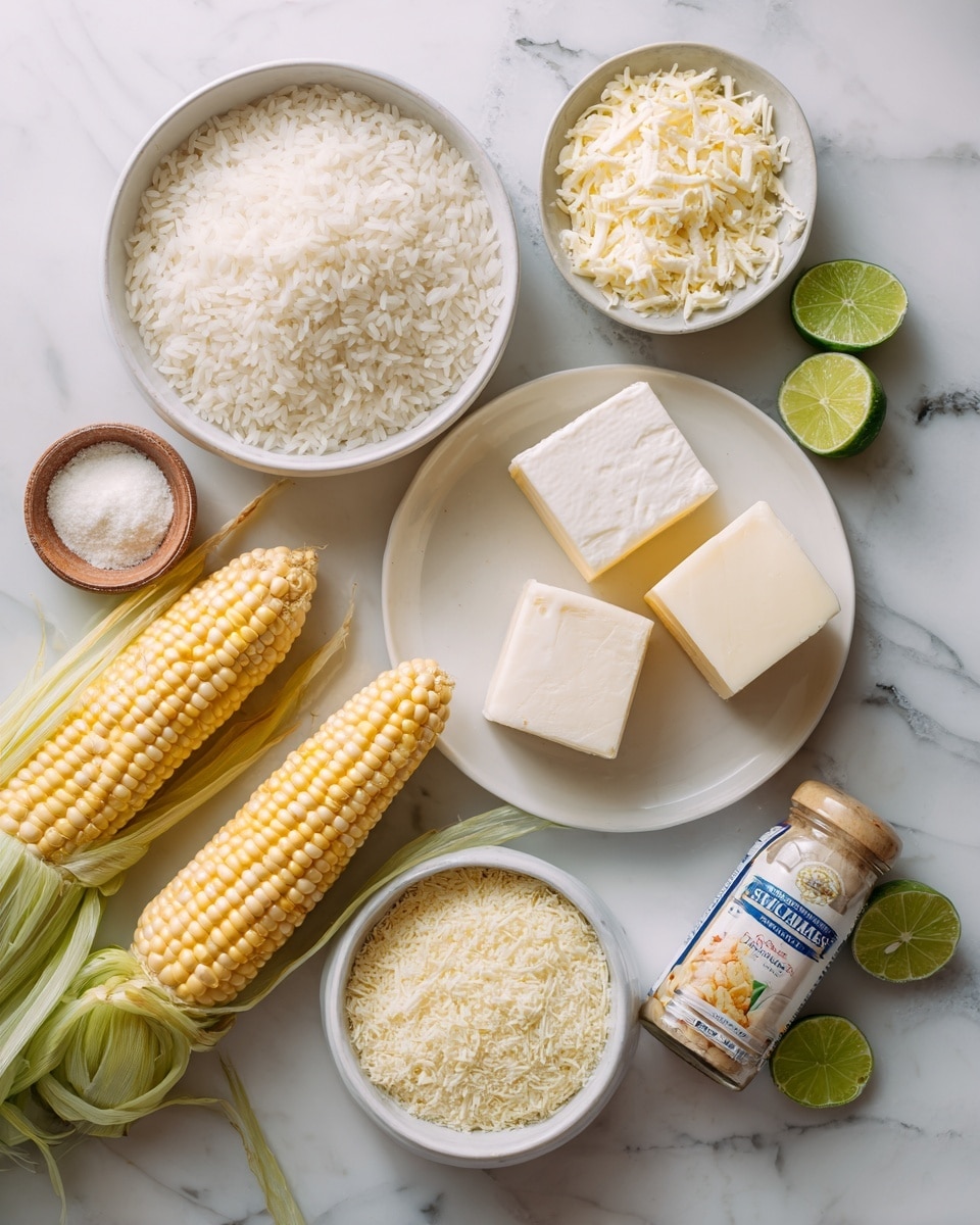 The image shows a top view of food ingredients arranged neatly on a white marbled surface. There is a white bowl filled with cooked rice next to a similar white bowl with grated cheese. A white plate holds two ears of corn, one whole and one partially husked, resting closely together. Nearby, a white bowl contains two white blocks of cheese. The scene also includes a container of Mexican cream with a bright label, a bottle of Tapatío hot sauce, and a small bottle of seasoning lying down. Small lime wedges are scattered around, adding a touch of green. The colors are warm with natural textures from the corn, rice, and cheese. photo taken with an iphone --ar 4:5 --v 7