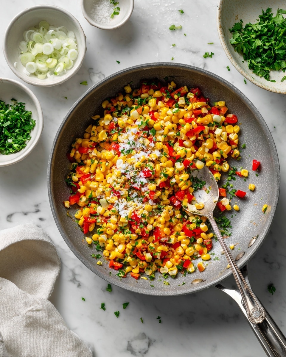 A close-up view of a filled gray frying pan with a colorful corn salad inside, featuring bright yellow corn kernels mixed with diced red peppers, small green herbs, and thin slices of white cheese melting on top. A silver spoon rests inside the pan on the right side, mixing the vibrant ingredients. Around the pan, there are small white bowls holding various fresh ingredients like chopped onions and green herbs, all set on a white marbled surface. Photo taken with an iphone --ar 4:5 --v 7