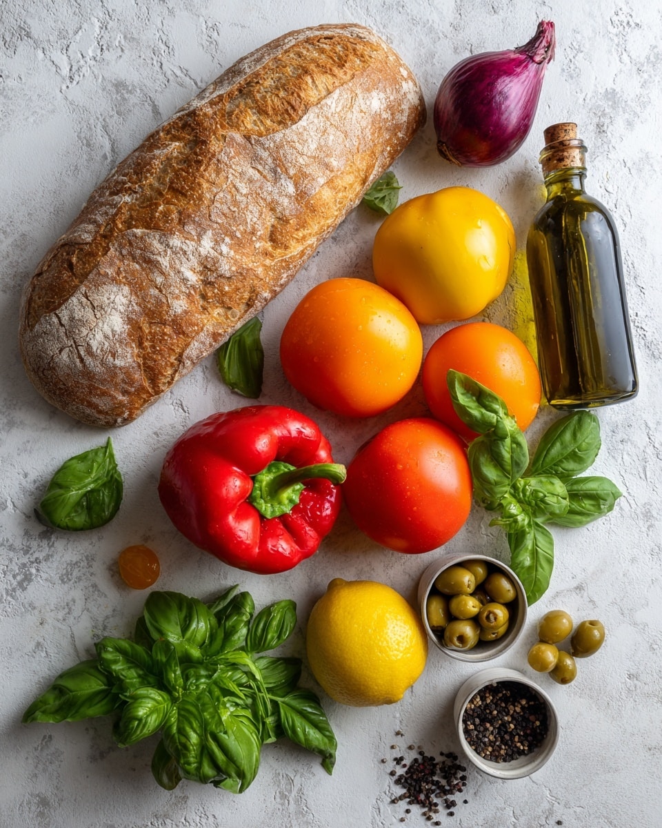 The image shows a variety of fresh and packaged food items placed on a white marbled surface. There is a large piece of crusty bread with a golden brown crust, positioned on the left side. Nearby, bright red bell pepper, fresh green basil leaves, and a yellow lemon sit together at the bottom left. Above these are several colorful tomatoes in yellow, red, and orange shades clustered in the center. A small purple onion is located near the top center. On the right side, there is a can of green olives and a bottle of dark green olive oil, along with a small container of black peppercorns. The overall colors are vibrant, with a mix of red, yellow, green, and purple tones. photo taken with an iphone --ar 4:5 --v 7
