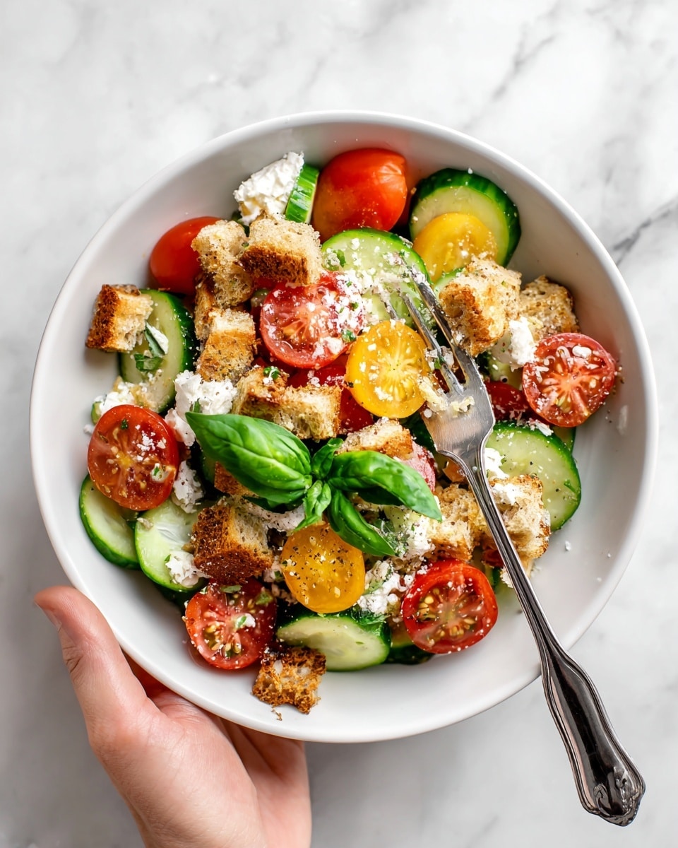 A white bowl filled with a fresh salad on a white marbled surface. The salad has several layers: at the bottom are green cucumber slices with smooth texture, then bright red and yellow cherry tomatoes cut in halves showing juicy interiors. Scattered on top are light brown crunchy croutons with rough edges. Small white crumbly bits of cheese are sprinkled evenly over the salad. Bright green basil leaves are placed on top, adding color contrast. A woman's hand is holding a shiny silver fork, partially entering the bowl from the right side. Photo taken with an iphone --ar 4:5 --v 7