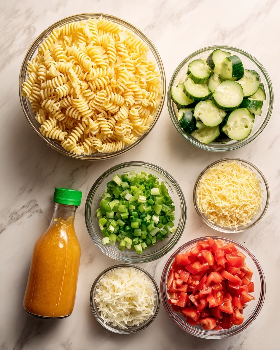 The image shows a white marbled surface with six items arranged: a large glass bowl filled with cooked rotini pasta in a light yellow color, next to a large glass bowl of chopped green cucumbers with dark green skin and light green inside, a medium glass bowl holding chopped green onions with white and bright green parts, a small plastic container of finely grated pale yellow cheese, a small glass bowl of dried green herbs, a medium glass bowl with diced red tomatoes that have a juicy texture, and a plastic bottle with orange Italian dressing and a green cap. Photo taken with an iphone --ar 4:5 --v 7