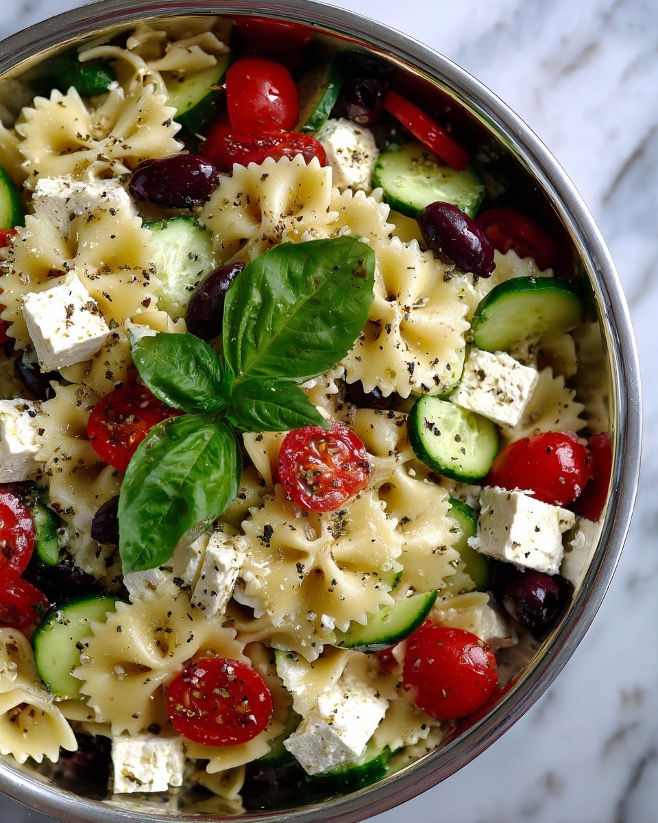 A close-up view of a stainless steel bowl filled with a fresh pasta salad made of bowtie pasta as the base layer, creamy white cubes of feta cheese and sliced cucumbers with green skin scattered throughout. Bright red halved cherry tomatoes are mixed in, along with chopped dark olives. Fresh green basil leaves sit on top and are spread inside. The whole salad is sprinkled with coarse black pepper and oil giving a shiny texture to the pasta. The bowl is placed on a white marbled surface. photo taken with an iphone --ar 4:5 --v 7