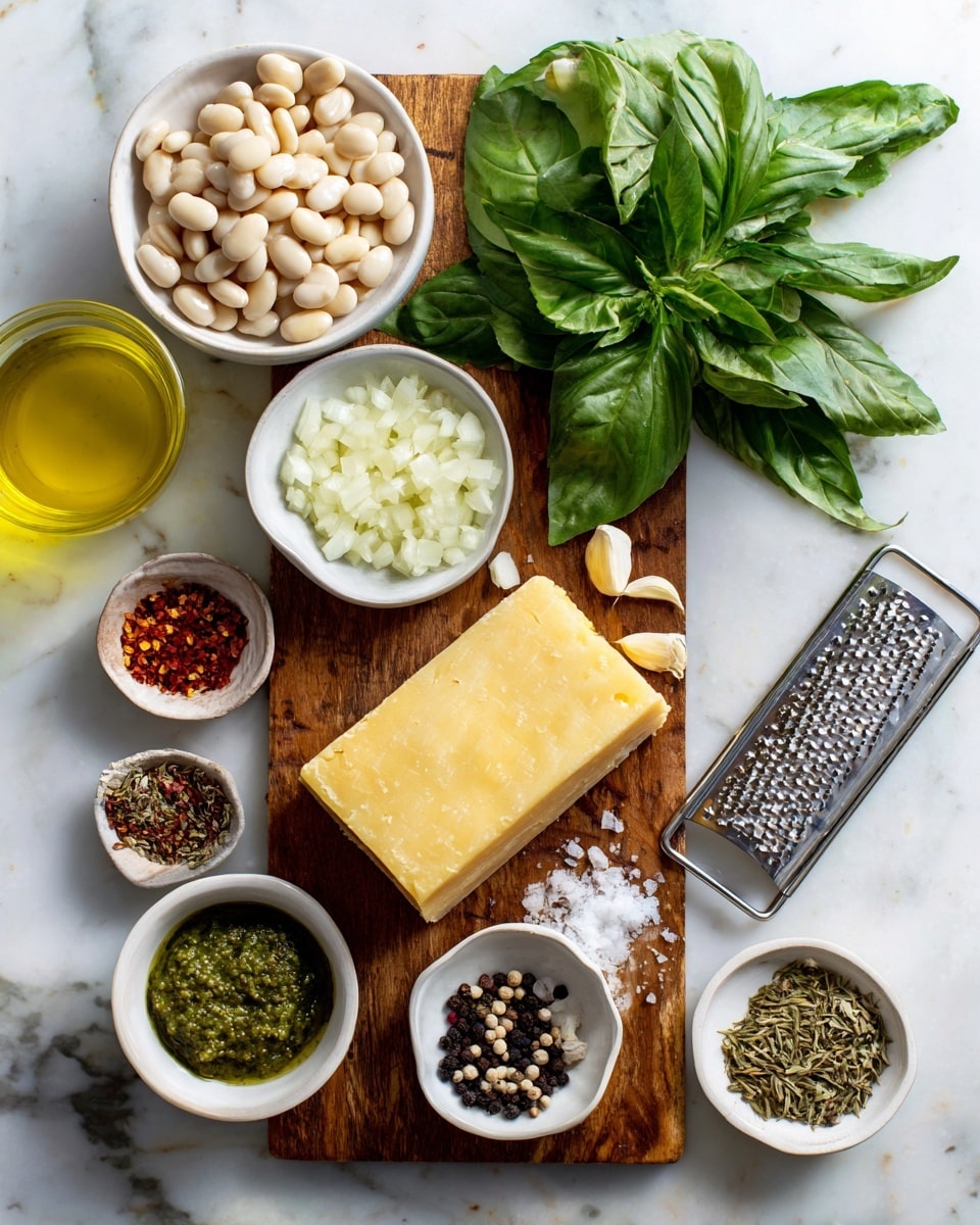The image shows a wooden board with different ingredients arranged neatly. There is a block of pale yellow cheese on the right side with a metal grater beside it. To the top right of the board are fresh green basil leaves. To the left of the board, white beans are in a white bowl, and behind it is a clear glass cup with yellow liquid. Around the board are small bowls and dishes containing various ingredients: chopped white onions on the board, a glass container with olive oil, a small white bowl with red chili flakes, a white dish with green pesto sauce, a dish of coarse salt, white garlic cloves, black peppercorns, and dried herbs. All of this is placed on a white marbled surface. photo taken with an iphone --ar 4:5 --v 7