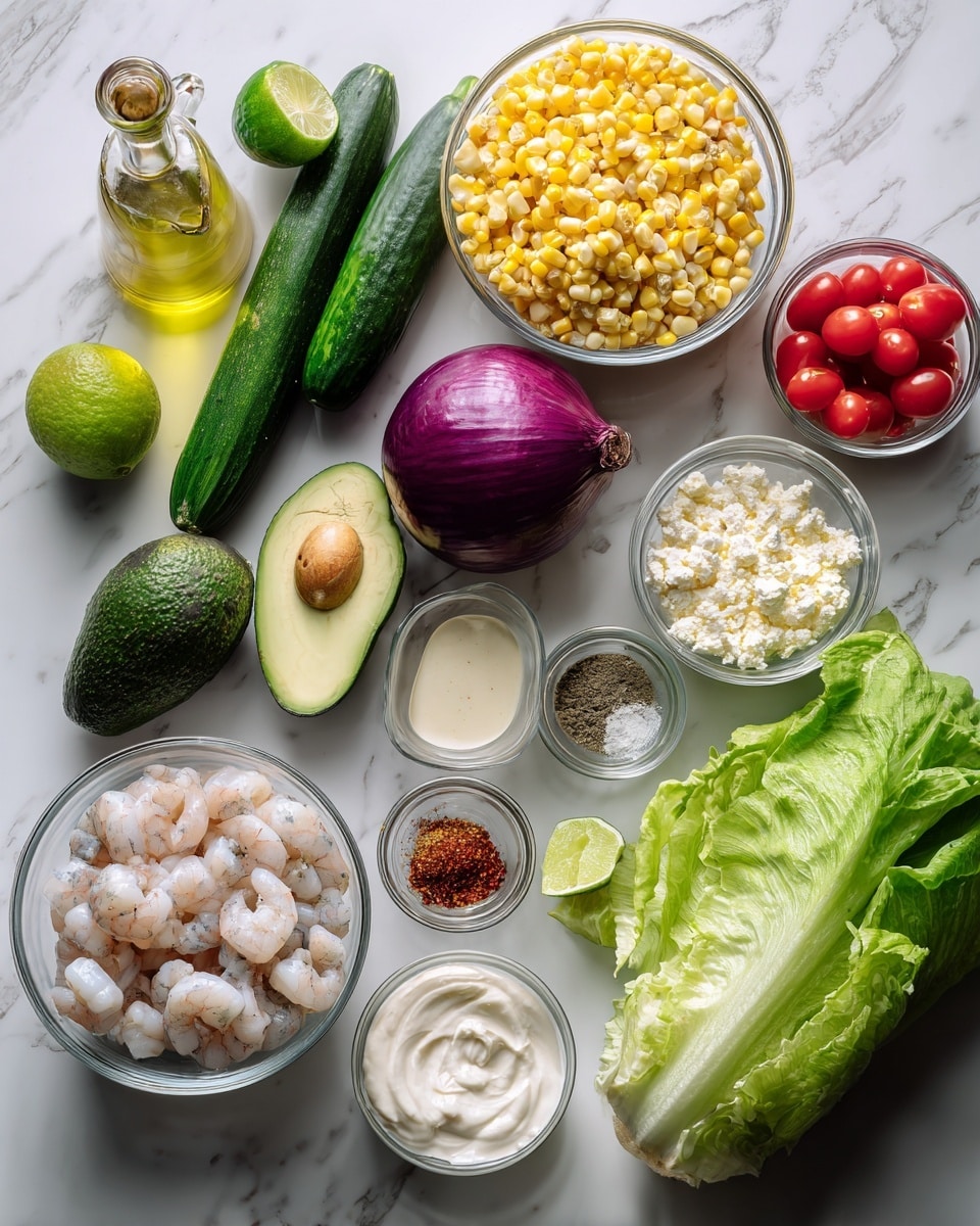 The image shows fresh ingredients laid out on a white marbled surface. On the left side, there is a bottle of light yellow oil, two whole green cucumbers, a dark green avocado, a bright green lime, and a large purple-red onion. Below them, there is a clear glass bowl filled with raw white shrimp. Next to the shrimp are two small clear bowls with mixed spices, one with red powder, salt, and pepper, and the other with similar spices plus a pinch of beige powder. In the middle, a large clear glass bowl holds bright yellow corn kernels. Above it, another clear bowl is filled with shiny red grape tomatoes. To the right, there is a small bowl containing light beige liquid and another small bowl with crumbled white cheese. Further right, there is a bowl of smooth white sour cream. On the far right is a large bunch of fresh, crisp green romaine lettuce. Photo taken with an iphone --ar 4:5 --v 7