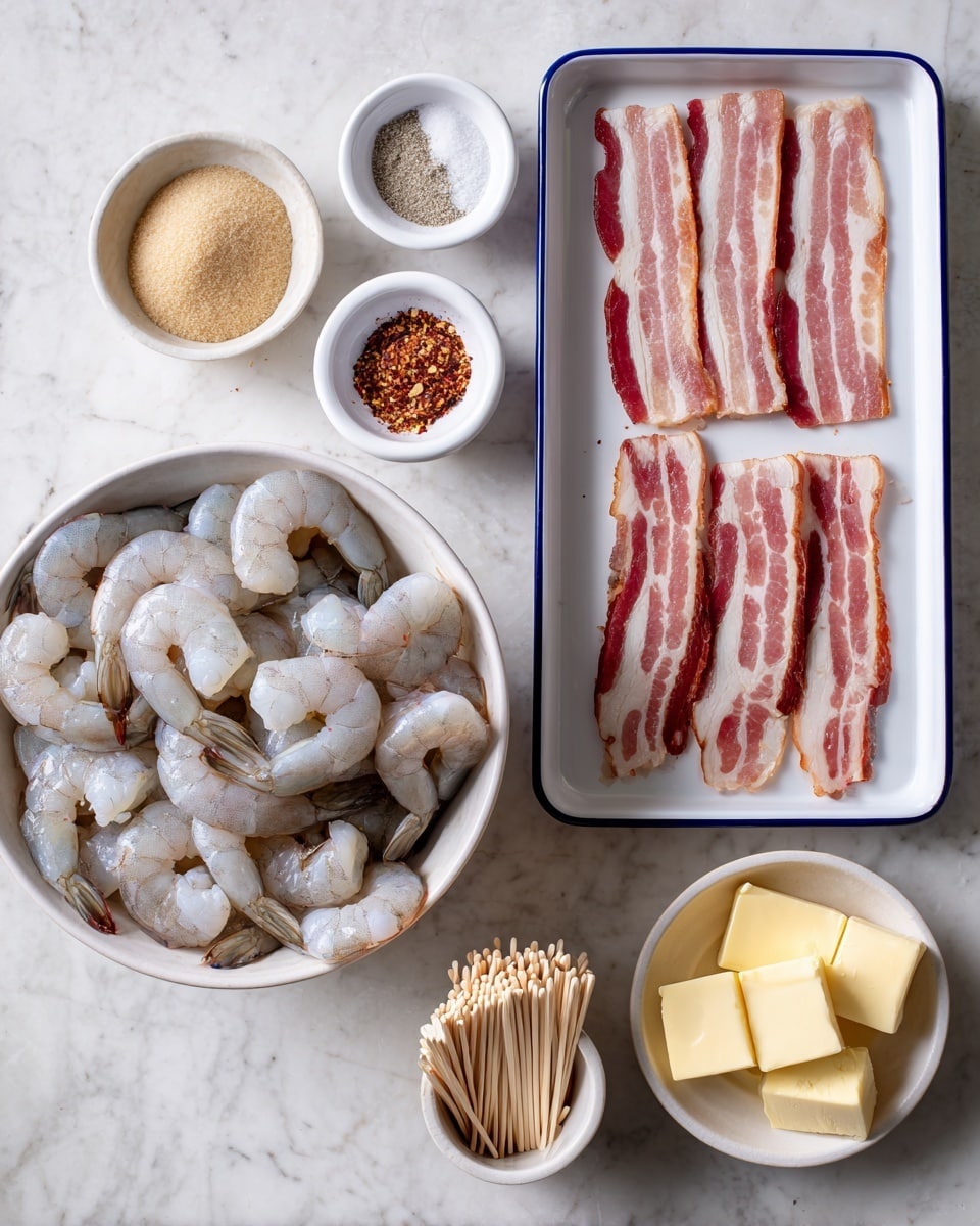 The image shows an overhead view of raw ingredients arranged neatly on a white marbled surface. There is one large white bowl full of peeled raw shrimp with tails, pale pink and grey in color, filling the bowl. To the upper right is a white rectangular tray with blue trim holding two neat rows of uncooked bacon strips, showing alternating red and white fat layers. Above the shrimp bowl, there are two small white bowls, one containing light brown sugar and the other holding a mix of salt, black pepper, and red paprika powder. Below and slightly to the right of the bacon tray is a small white bowl with several rectangular pale yellow butter pieces. Next to the butter bowl, there is a small container filled with many wooden toothpicks standing upright. Photo taken with an iphone --ar 4:5 --v 7