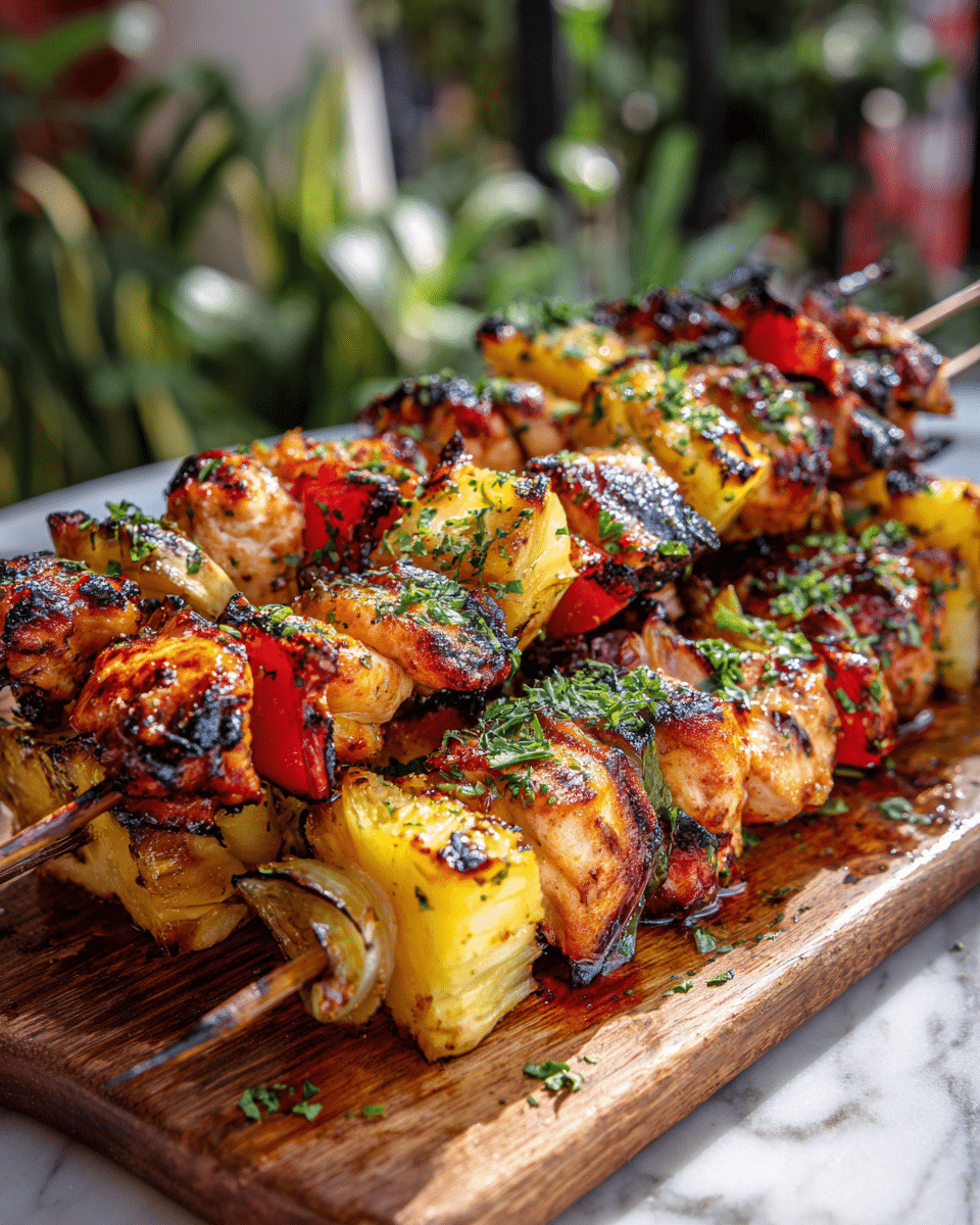 The image shows several skewers loaded with grilled pieces of chicken, pineapple chunks, red bell pepper, and green herbs sprinkled on top. The food looks juicy with a light char, giving a golden-brown color to the chicken and a caramelized look to the pineapple. The skewers are placed close together on a wooden board, and the background shows a blurred outdoor setting with green plants. The board sits on a white marbled surface. Photo taken with an iphone --ar 4:5 --v 7
