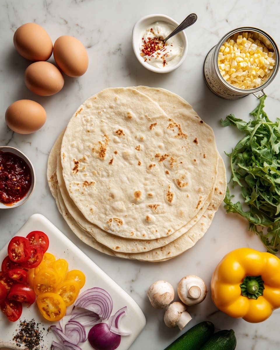The image shows four light beige tortillas stacked slightly off center on a white marbled surface. Around the tortillas are fresh ingredients: three brown eggs on the upper left, a small white round dish with black pepper, red chili flakes, and salt next to the eggs. Above the tortillas is a small white bowl with white sauce mixed with red sauce and a spoon inside. On the top right is an open can of yellow corn. To the right of the tortillas is a bunch of green leafy arugula, a dark green cucumber piece, and six small beige mushrooms arranged casually. Lower right corner shows a bright yellow bell pepper. The bottom left corner has a white cutting board with halved red and yellow cherry tomatoes and thinly sliced red onions. The surface is a white marbled texture photo taken with an iphone --ar 4:5 --v 7