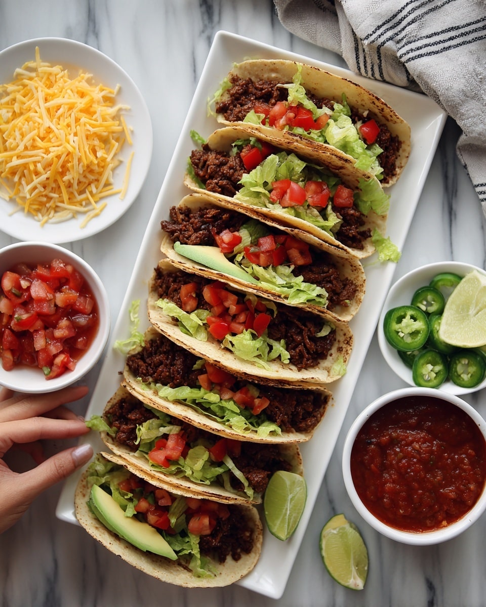 The image shows six tacos arranged on a white rectangular plate over a white marbled surface. Each taco has a soft, slightly browned tortilla base and is filled with a layer of dark brown cooked meat, topped with chopped red tomatoes, fresh green lettuce, and slices of avocado. Next to the tacos, there are small white bowls containing shredded yellow cheese, bright red salsa with visible tomato chunks, and sliced green jalapeños. A white plate with lime wedges is on the side, and a woman's hand is reaching towards the food. The overall scene is colorful with reds, greens, and browns against the white and blue elements, photo taken with an iphone --ar 4:5 --v 7