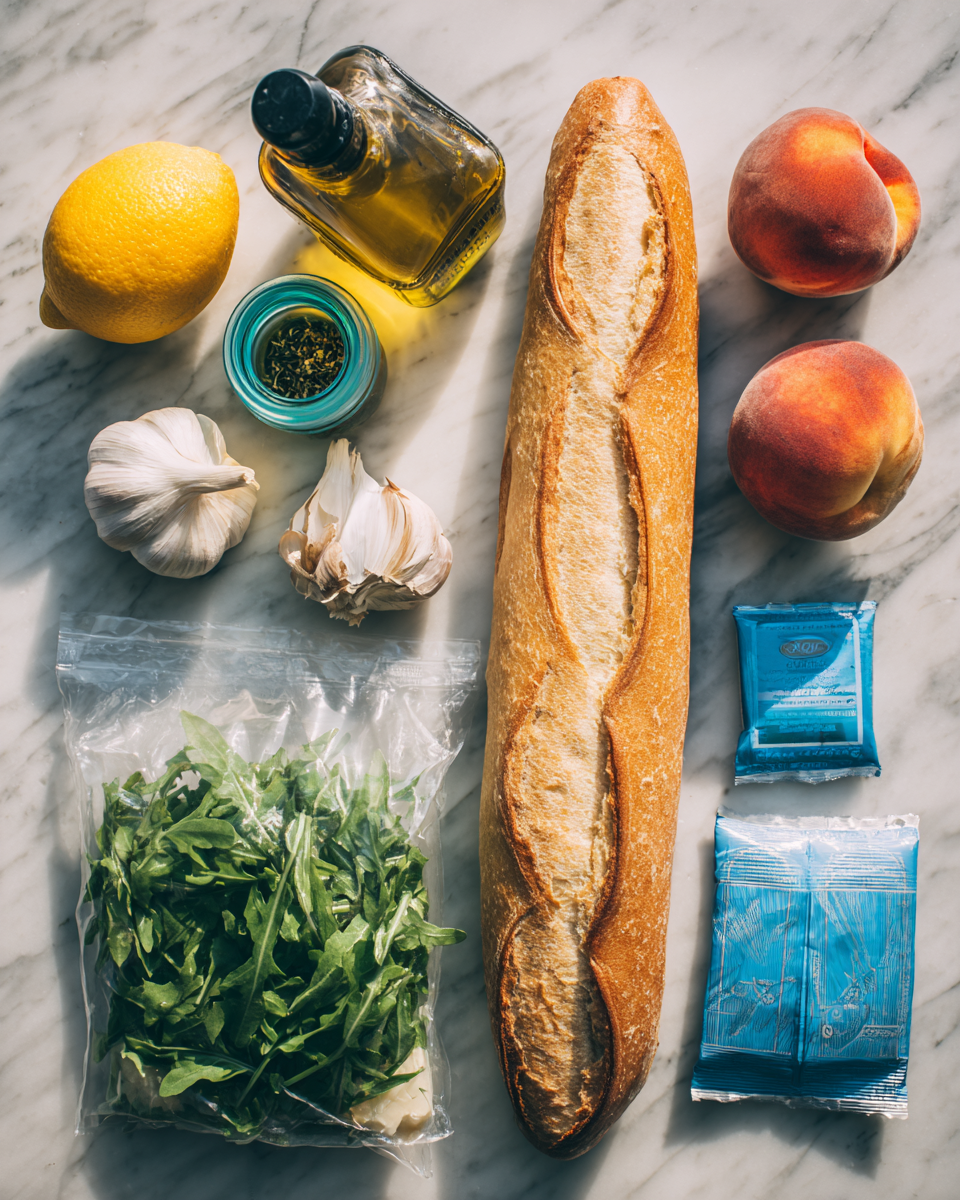 A white marbled surface holds several fresh ingredients laid out neatly: a bottle of olive oil, a yellow lemon, a small turquoise jar of herbs, two garlic cloves, a red onion, and two ripe peaches with red and orange skin. Below them are two small blue packets of cheese, a bunch of green leafy arugula in clear plastic packaging, and a long golden brown baguette with a crisp crust and a small cut along its top. The lighting is soft and bright, highlighting the colors and textures of each ingredient. Photo taken with an iphone --ar 4:5 --v 7