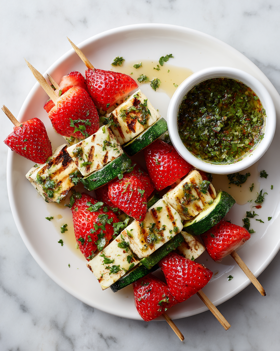 The image shows a white plate with three skewers placed on it, each skewer layered with bright red strawberries, white grilled cheese cubes with slight brown grill marks, and green zucchini pieces with char marks, all sprinkled with chopped green herbs. On the right side of the plate, there is a small white bowl filled with a green herb sauce that looks oily and fresh. The plate rests on a white marbled surface, with a bit of red juice and oil pooled around the skewers. photo taken with an iphone --ar 4:5 --v 7