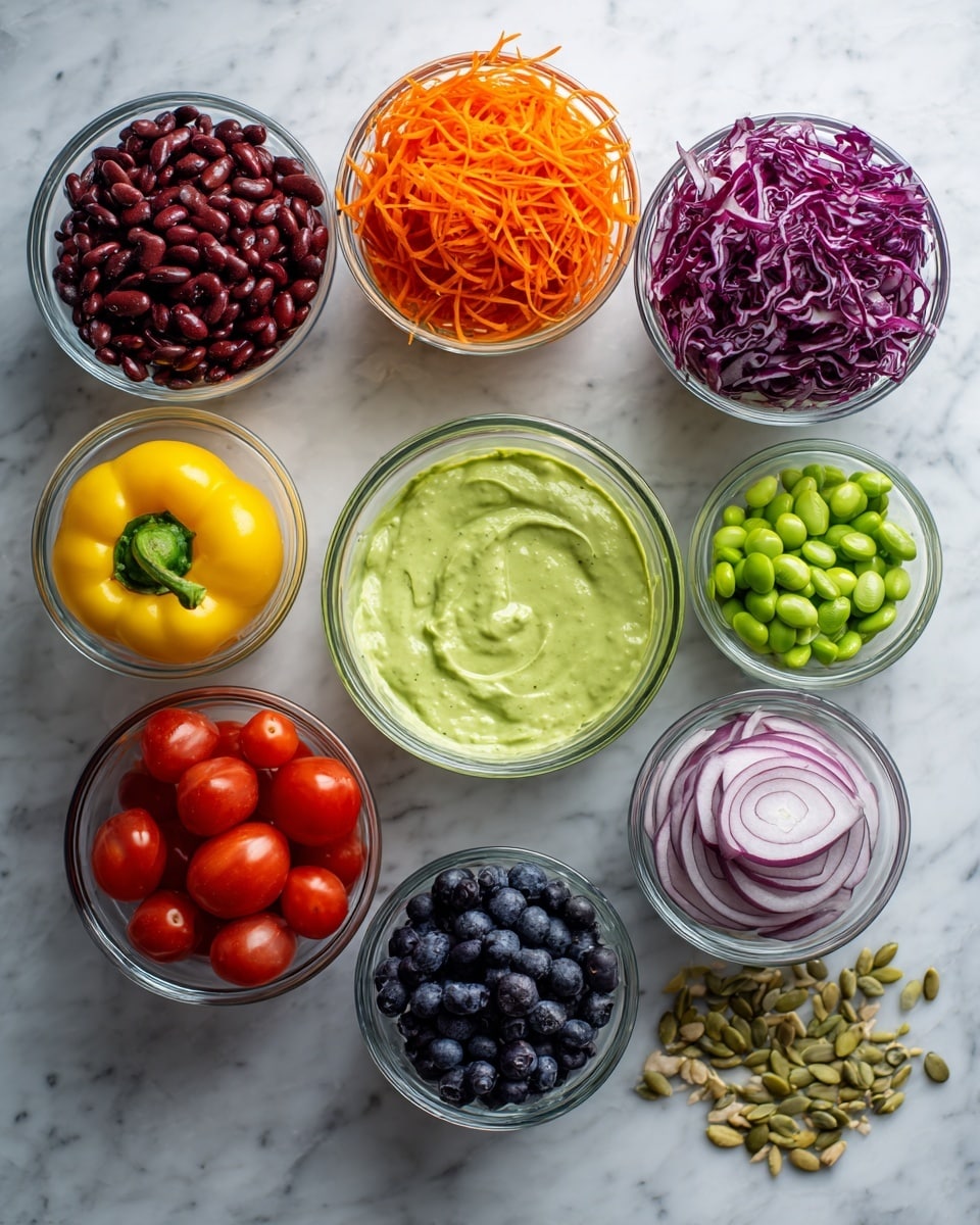The image shows a white marbled surface with eight clear glass bowls arranged neatly, each filled with different fresh ingredients. Starting from the top left, there is a bowl with dark red kidney beans, next to it is a bowl of thin orange shredded carrots, followed by a large glass bowl with a smooth light green sauce. On the top right, a bowl contains finely shredded purple cabbage. On the bottom row, from left to right, there are bright red cherry tomatoes, a half yellow bell pepper placed in the middle, a bowl filled with dark blue blueberries, a thin sliced red onion next to a long green cucumber, and a small bowl of light green edamame beans. In front, scattered on the surface are light brown pumpkin seeds. The whole scene is softly lit, showing fresh and colorful ingredients ready to be used photo taken with an iphone --ar 4:5 --v 7