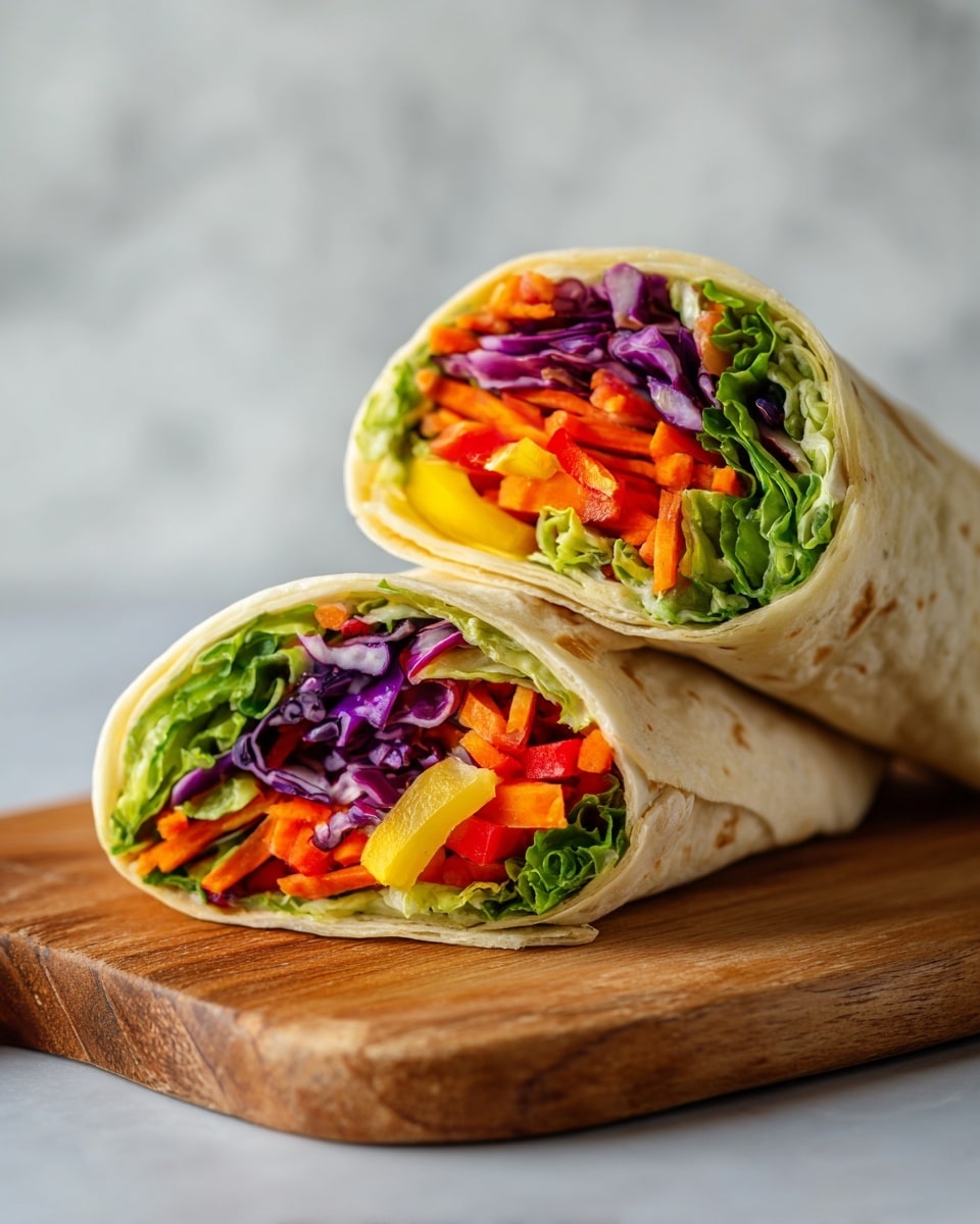 The image shows two vegetable wraps stacked on a wooden board with a white marbled background. Each wrap is made with a light tan flour tortilla and sliced to show colorful layers inside. The inner layers include bright green leafy lettuce, orange carrot strips, yellow bell pepper slices, and purple cabbage pieces, all arranged tightly and evenly in the middle of the wrap. The vegetables are fresh and crisp, contrasting well with the soft texture of the tortilla. The wraps are positioned diagonally, with one slightly in front of the other. Photo taken with an iphone --ar 4:5 --v 7