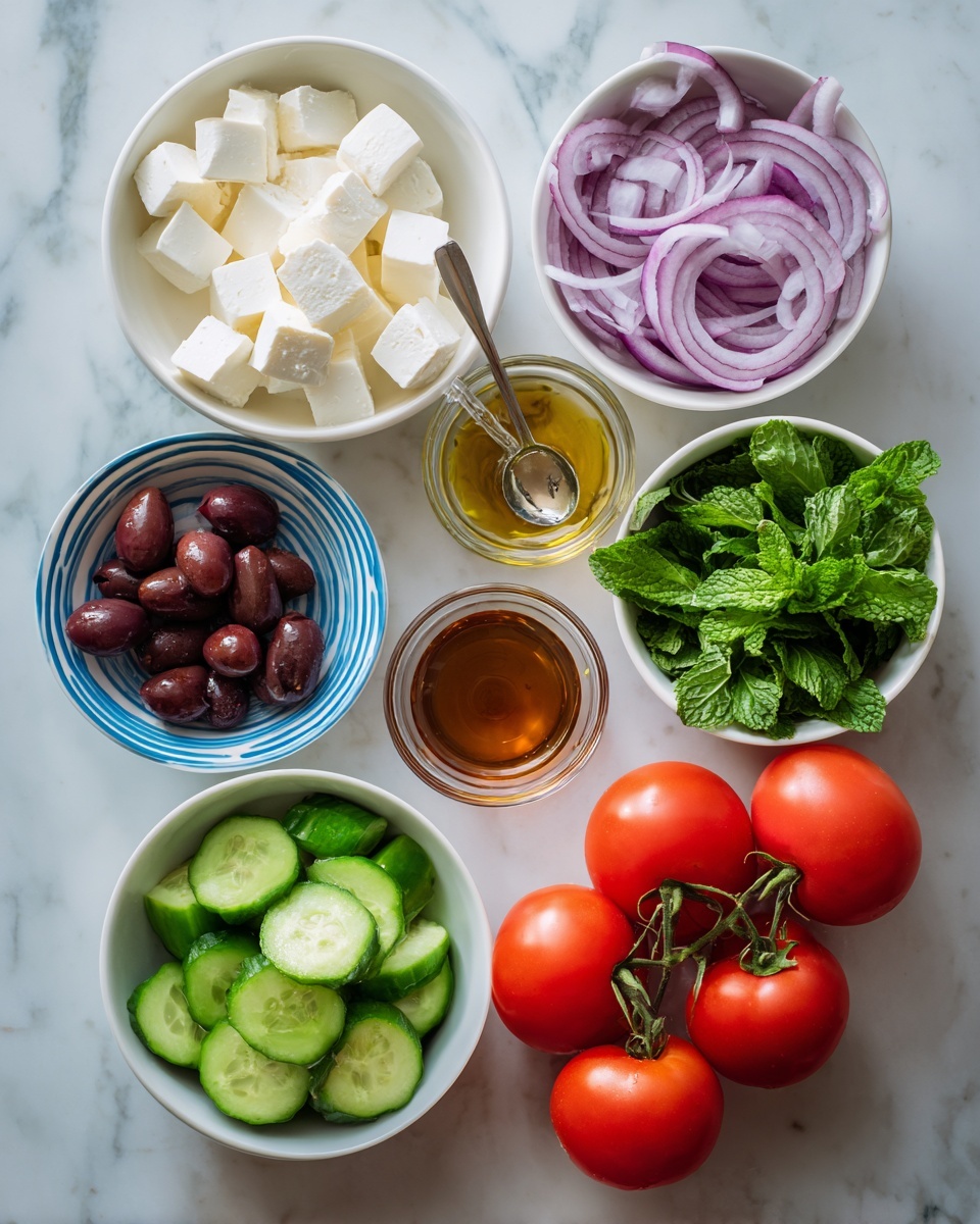 The image shows seven white dishes and a cluster of red cherry tomatoes on white marbled surface. At the top center, a white bowl holds white cubes of cheese. To its right, a white bowl contains sliced purple onion rings. Below the cheese bowl is a small clear glass container with golden brown dressing and a measuring spoon inside. Below to the left, a small white bowl holds dark purple olives. At the bottom left, a white bowl contains green cucumber slices shaped like crescent moons. Center left, a white bowl with a blue rim is filled with fresh green mint leaves. At the bottom right, a white bowl holds green sliced bell peppers. The cluster of ripe red cherry tomatoes with green stems rests on the right side. Photo taken with an iphone --ar 4:5 --v 7