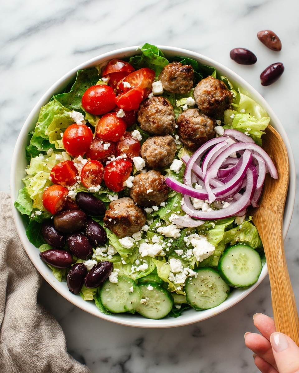 The image shows a white bowl filled with a colorful salad. The bottom layer is made of fresh green lettuce and cucumber slices. On top, there are bright red cherry tomatoes, halved, along with thin slices of purple onion. Small pieces of sausage are scattered across the salad, they are brown and slightly crispy. There are also black olives and small white crumbles of cheese sprinkled evenly over everything. The salad looks fresh and vibrant, set on a white marbled surface with a woman's hand holding a wooden spoon nearby. photo taken with an iphone --ar 4:5 --v 7