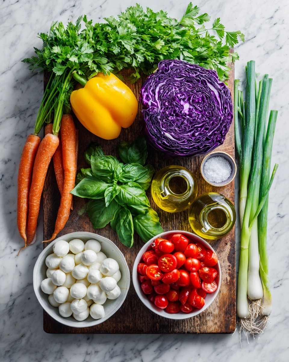 The image shows a wooden chopping board on a white marbled surface, with whole fresh vegetables and ingredients neatly arranged on and around it. There is a half head of purple cabbage at the top right of the board, a bunch of green spring onions to the right, and a yellow bell pepper on the left side of the board. Below the cabbage and spring onions, a cluster of bright green basil leaves rests on the board. Near the center, two glass bottles filled with golden oil sit close together. On the surface near the bottom corners, there are two white bowls; the left bowl is filled with small white mozzarella balls, and the right bowl is filled with halved red cherry tomatoes. On the top left corner above the board, there is a bunch of leafy green parsley and two long whole carrots. A small salt bowl with white salt is placed on the left side of the board between the yellow pepper and the carrots. The arrangement and colors create a fresh and vibrant look. Photo taken with an iphone --ar 4:5 --v 7