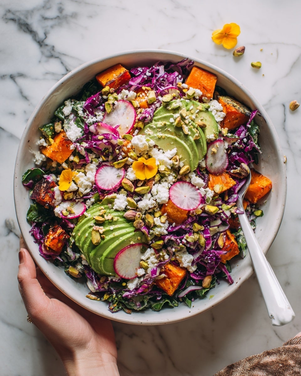 A white bowl filled with a colorful salad sits on a white marbled surface. The salad has a base layer of leafy greens mixed with small chunks of orange sweet potato and bright purple cabbage. On top, there are slices of green avocado, thin rounds of pink radish, and small pieces of white cheese scattered all over. Edible yellow flower petals and whole pistachio nuts are sprinkled on the very top, adding bright pops of color. A woman's hand holding a white spoon is partly visible near the edge of the bowl. photo taken with an iphone --ar 4:5 --v 7