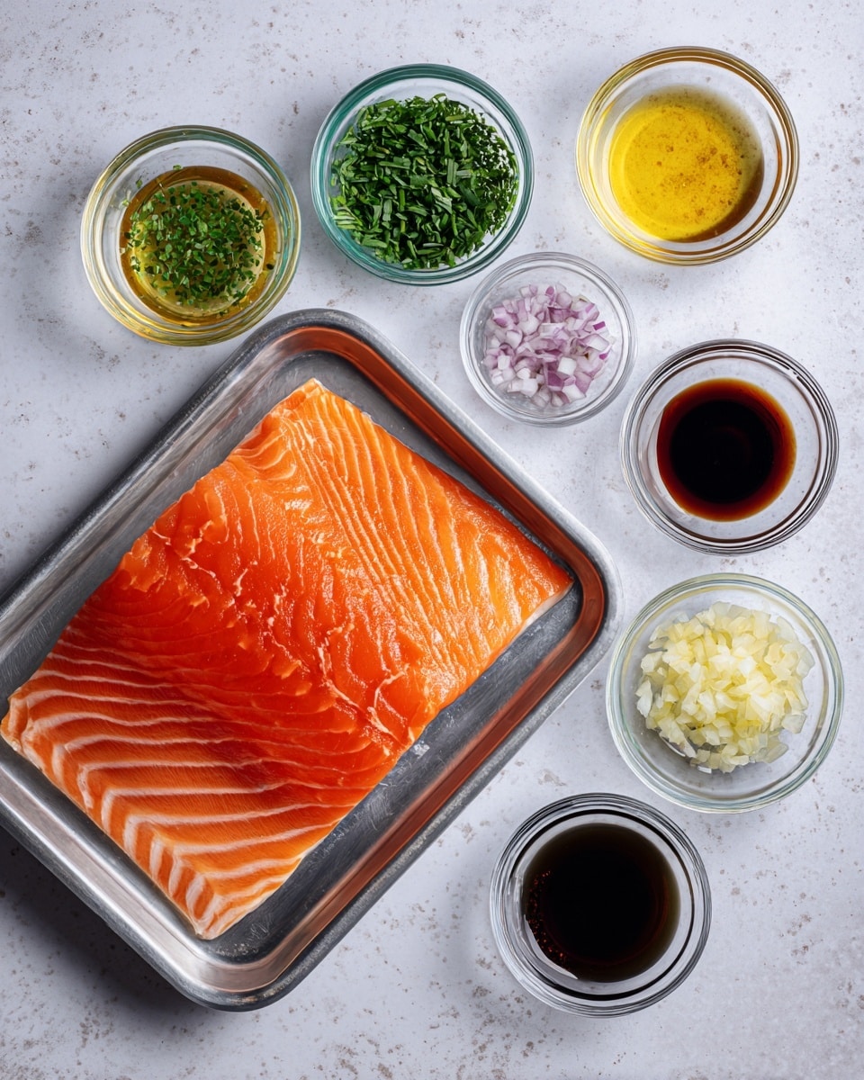 A large raw salmon fillet with bright orange and white marbling rests in a silver metal tray at the bottom left of the image. Surrounding the tray on a white marbled surface are eight small clear glass bowls, each holding different ingredients: chopped green herbs at the top center, light yellow oil to the left, golden honey above, finely chopped light purple shallots at the top right, and smaller bowls below holding minced pale yellow garlic, black soy sauce, a dark brown liquid, and a clear liquid. The setup is neat and evenly spaced. Photo taken with an iphone --ar 4:5 --v 7