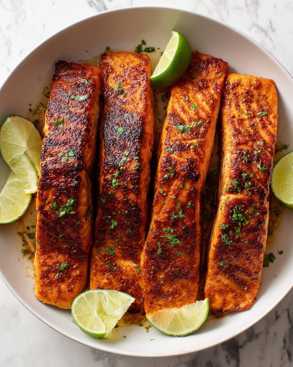 The image shows four cooked salmon fillets with a crispy brown surface and light grill marks. Each fillet is placed side by side in a shallow white bowl, with small green herb bits sprinkled on top. Around the fillets are a few lime wedges with bright green skin and juicy, light green inside. The bowl sits on a white marbled surface. photo taken with an iphone --ar 4:5 --v 7