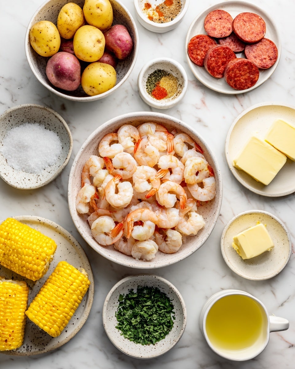 A top view of raw ingredients neatly placed in white bowls on a white marbled surface, showing one bowl full of uncooked peeled shrimp in the center, surrounded by colorful small potatoes in a white speckled bowl to the left, cut yellow corn on the cob on a white speckled plate to the right bottom, round slices of reddish sausage in another white bowl to the right top, and several small bowls with chopped green herbs, minced garlic, lemon, spices in various orange and brown tones, a small bowl of salt, a couple of pats of butter, and a cup of light yellow liquid arranged carefully around the shrimp bowl, with a clean and bright setting. photo taken with an iphone --ar 4:5 --v 7