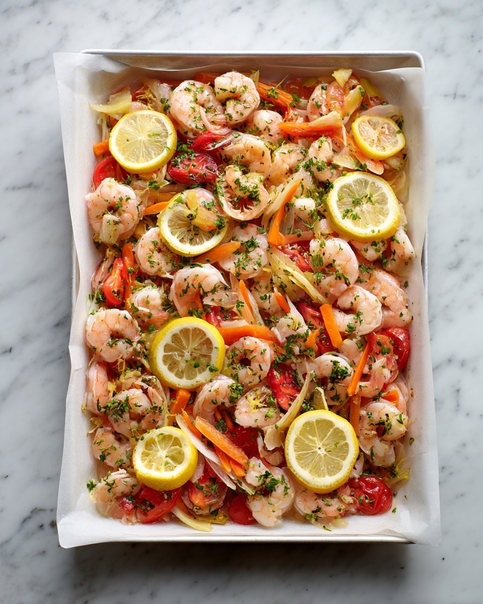 A large white tray filled with cooked shrimp mixed with small pieces of orange carrots, red tomato slices, and green herbs spread evenly across the surface. There are also thin round slices of lemon and orange placed on top, adding bright yellow and orange colors to the mix. The shrimp are pinkish with a slightly shiny texture, and the vegetables look soft and cooked. The tray is lined with white parchment paper and is set on a white marbled surface photo taken with an iphone --ar 4:5 --v 7