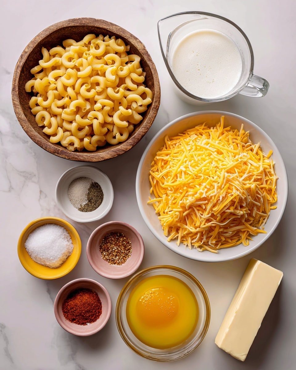 The image shows ingredients for a dish arranged on a white marbled surface. On the top left is a rustic wooden bowl filled with dry elbow macaroni pasta, showing its curved, yellow shapes. To the right of this bowl is a large white bowl full of shredded yellow cheddar cheese, with long thin pieces piled high. Next to the cheese bowl is a clear glass measuring cup filled with white milk. Below, a second clear glass measuring cup contains a creamy, pale liquid. Three small round bowls with spices and seasoning are placed in the front row: one pink bowl with white coarse salt, one yellow bowl with ground black pepper, and another yellow bowl with reddish-brown paprika or similar spice. In the center, a small bowl contains a beaten egg with visible bubbles on the surface. To the right is a clear bowl filled with smooth, shiny, bright yellow mustard or a similar thick sauce. A stick of pale yellow butter, partially wrapped in paper, is on the far right. The whole composition is neat and colorful with contrasting textures and shapes, photo taken with an iphone --ar 4:5 --v 7
