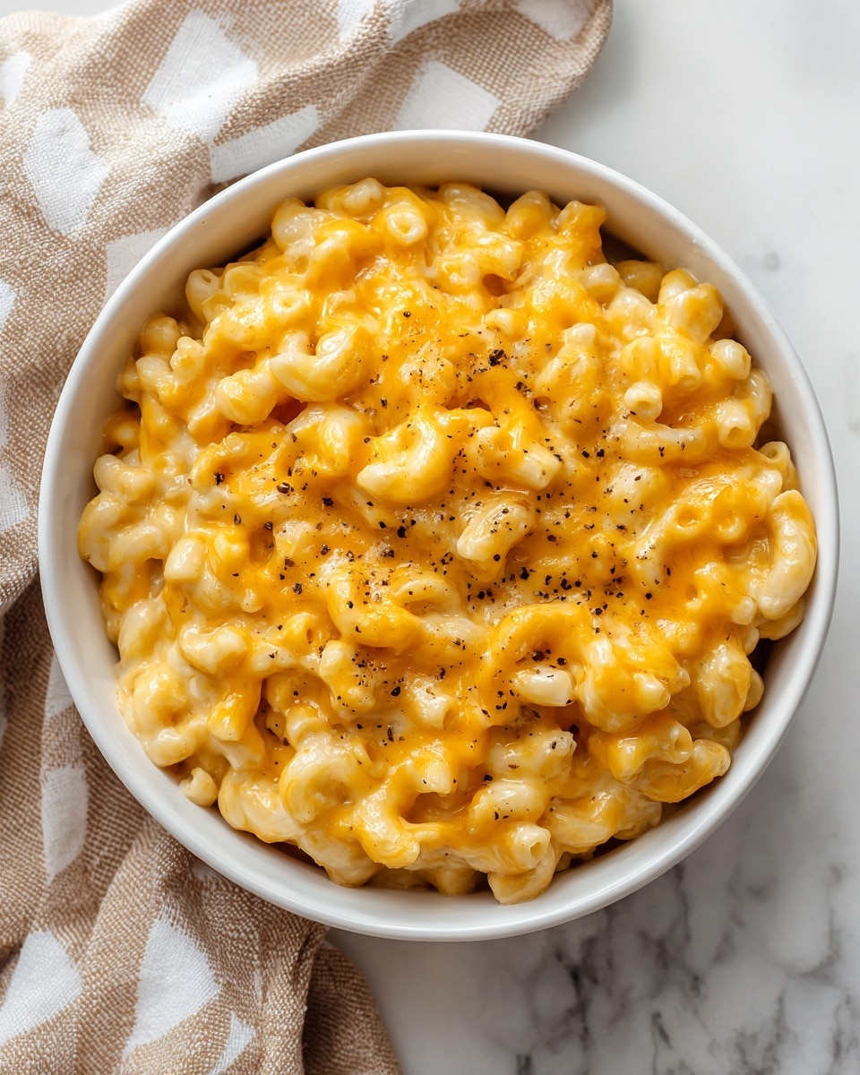 The image shows a bowl filled with creamy macaroni and cheese. The dish has two layers: a base of small pasta pieces, mostly white with slight glossiness, mixed tightly with bright orange melted cheese coating every piece. The cheese layer adds a smooth, creamy look with some streaks and thicker patches of cheese. Black pepper specks are scattered on top, adding tiny dark dots to the bright orange and white texture. The bowl is white and placed on a white marbled surface with a beige and white checkered cloth nearby. Photo taken with an iphone --ar 4:5 --v 7
