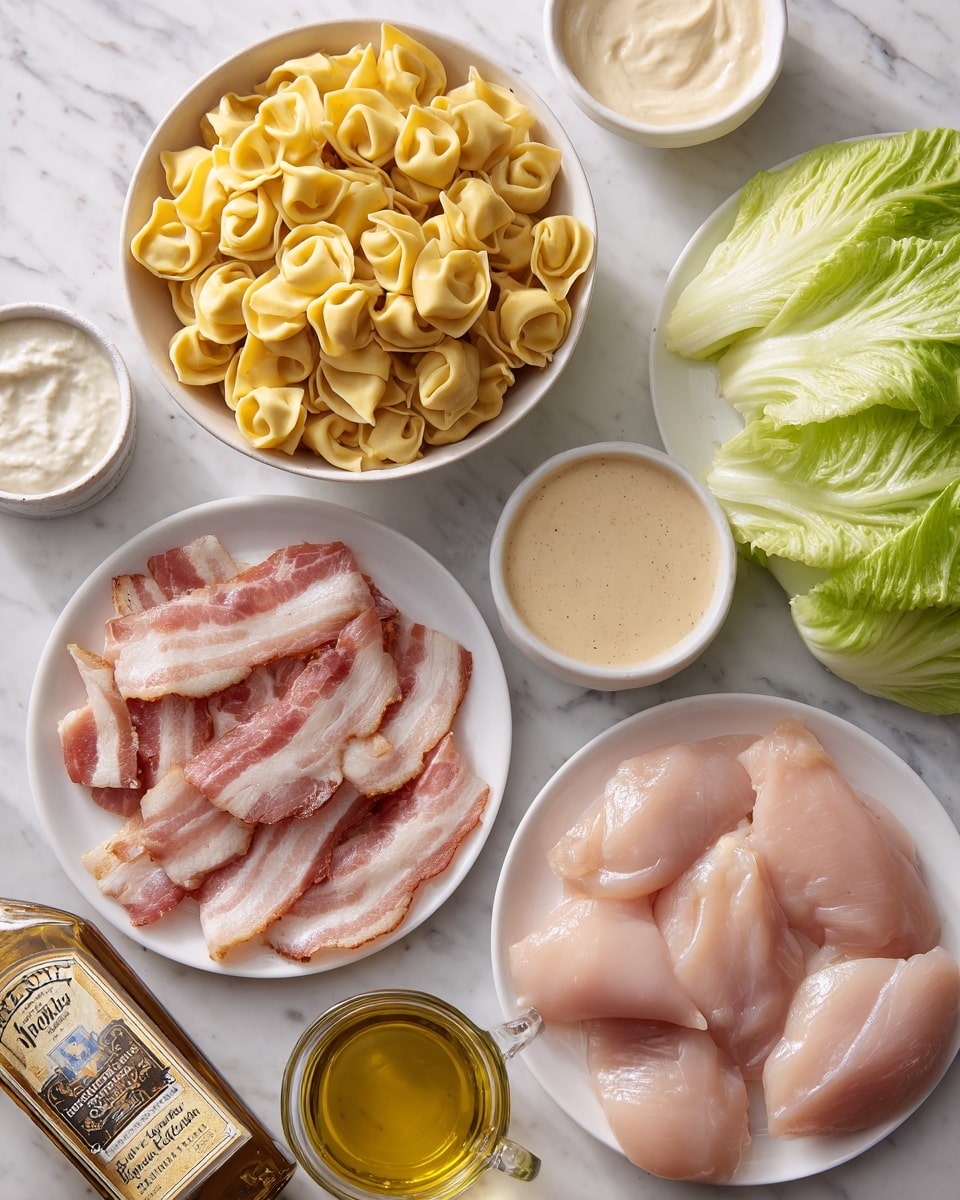 A white bowl filled with three layers of yellow tortellini pasta sits in the top center, surrounded by a small white bowl of creamy beige sauce to the right and a white bowl of white creamy sauce to the left. Below, a white plate holds light pink raw chicken fillets on the right, while to the left another white plate features several strips of raw bacon with light pink and white fat lines. A single fresh green romaine lettuce leaf is placed between the two plates. Towards the bottom, a fresh yellow lemon and a bottle of Lea & Perrins sauce stand next to a wedge of Parmigiano Reggiano cheese in clear packaging. A clear measuring cup filled with golden olive oil is at the lower right corner, all arranged on a white marbled surface. Photo taken with an iphone --ar 4:5 --v 7