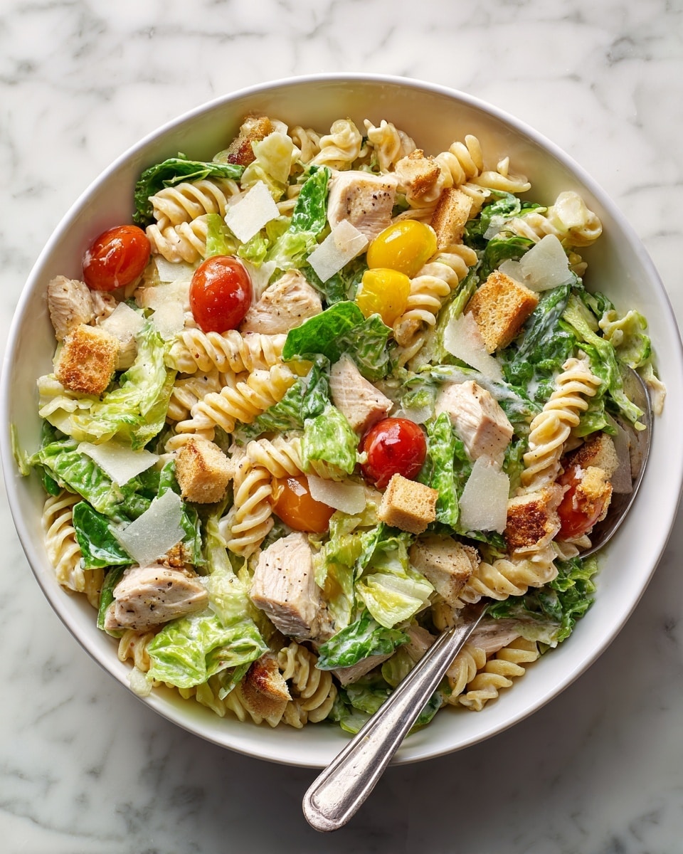 A white bowl filled with a pasta salad showing three main layers: light beige spiral pasta forming the base, bright green leafy romaine lettuce scattered throughout, and chunks of lightly cooked light brown chicken pieces mixed evenly in the bowl. On top, there are shiny red cherry tomatoes, small golden brown croutons, and thin translucent slices of off-white cheese spread across. A silver fork is placed inside the bowl against a white marbled surface. photo taken with an iphone --ar 4:5 --v 7
