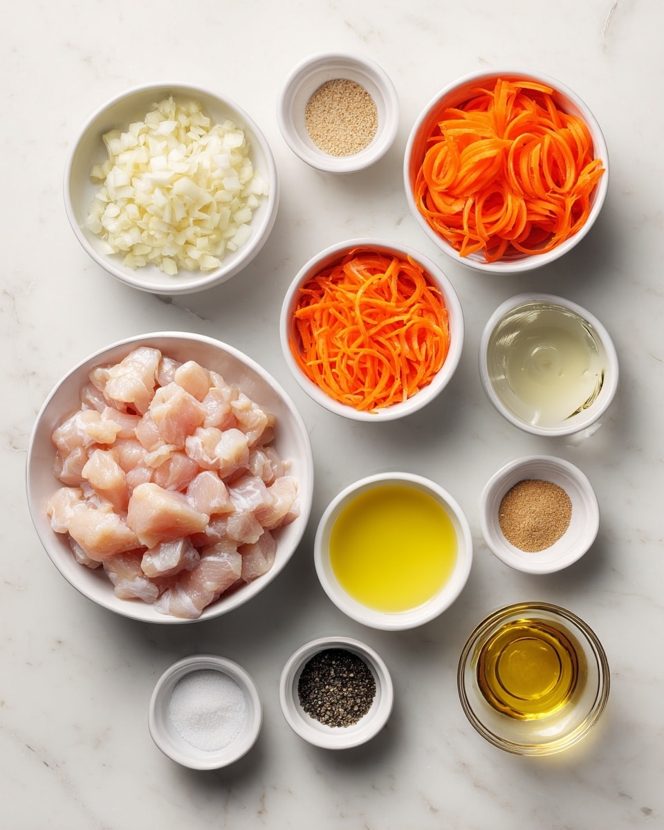 The image shows several small white bowls arranged neatly on a white marbled surface. At the bottom left, a larger white bowl is filled with pale pink diced raw chicken pieces. Around it, smaller bowls contain different ingredients: finely chopped garlic, julienned bright orange carrot strips, light yellow liquids, light brown powders, black pepper, white granulated salt, clear liquids, and a golden-yellow oil. Each bowl's contents have distinct colors and textures, spread evenly and clearly visible. The composition is clean and bright, giving a fresh look to all ingredients. Photo taken with an iphone --ar 4:5 --v 7