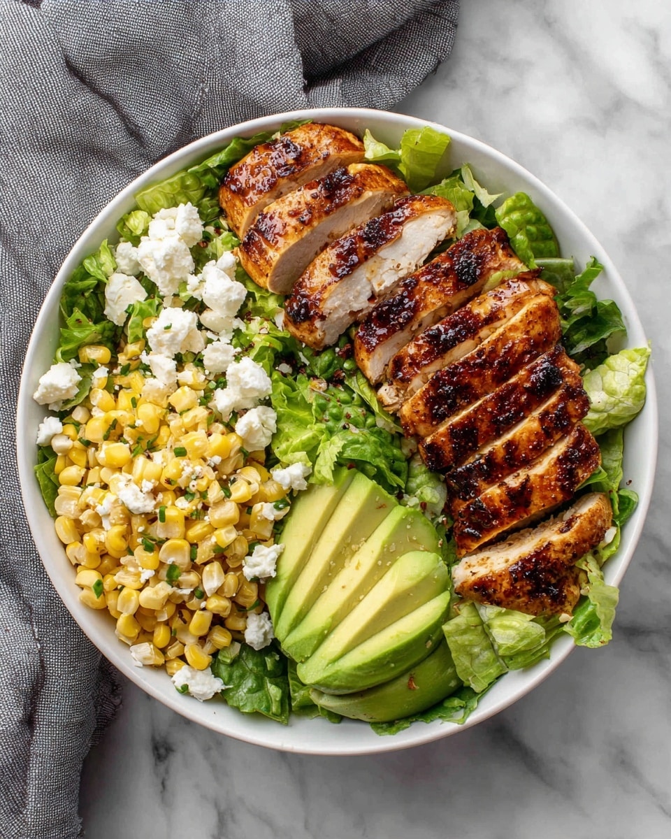 A white bowl filled with a salad that has several layers: at the bottom there is a bed of green lettuce leaves, on top of it there are neatly sliced grilled chicken pieces with a brown and slightly charred texture in the center, next to the chicken are light green avocado slices arranged in a small cluster, and a portion of yellow corn mixed with small white cheese cubes sits close to the avocado. The bowl rests on a white marbled surface with a soft grey cloth draped in the background. Photo taken with an iphone --ar 4:5 --v 7
