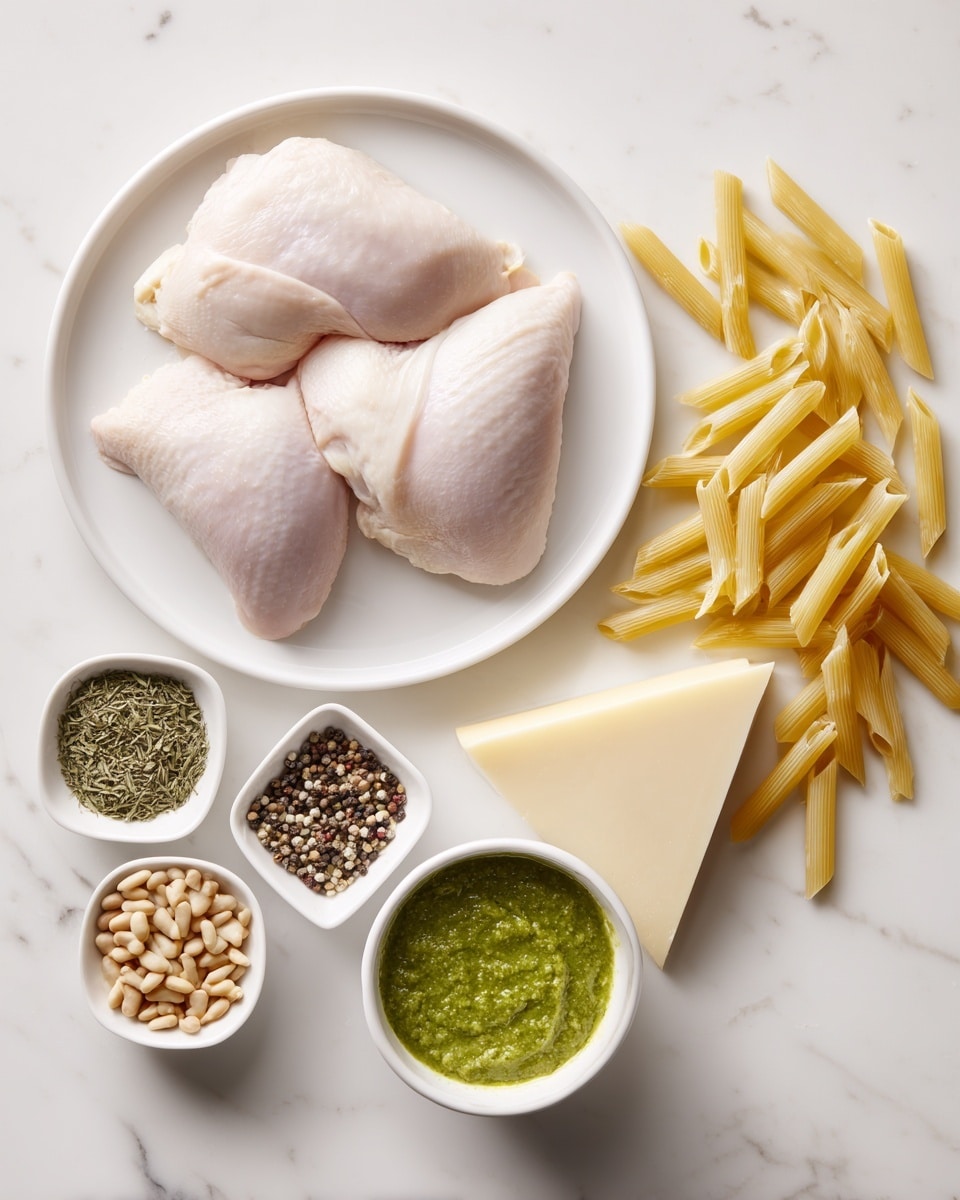 The image shows a flat white round plate on a white marbled surface. On the plate, there are two raw chicken pieces, pale pink with smooth skin and slight shine. To the right of the plate, a triangular wedge of pale yellow hard cheese sits next to a scattered pile of uncooked pale yellow penne pasta. Below the pasta, a small white square bowl holds green dried herbs, and next to it, another small white square bowl contains light brown pine nuts. In the front center, a small white cup filled with thick, bright green pesto sauce is placed. Another small white square bowl holds a mix of black and white peppercorns. The whole setup is clean and simple, showing raw ingredients for a meal. photo taken with an iphone --ar 4:5 --v 7