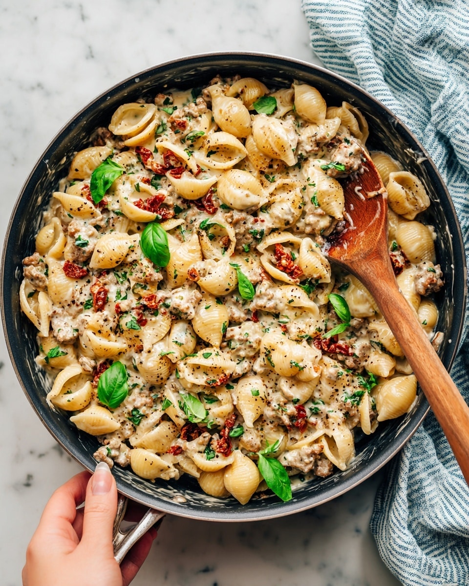 A large black pan filled with creamy pasta mixed with pieces of cooked sausage, sun-dried tomatoes, and fresh green basil leaves scattered on top. The pasta is shell-shaped, coated in a light white sauce with specks of black pepper. A wooden spoon rests inside the pan, held by a woman's hand reaching in from the right side. The pan sits on a white marbled surface with a light blue and white striped cloth partially visible underneath it photo taken with an iphone --ar 4:5 --v 7