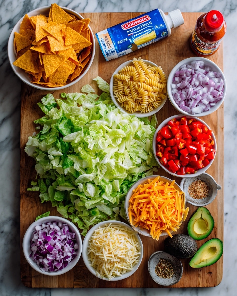 The image shows a wooden board in the center with a large pile of chopped green lettuce, surrounded by small white bowls containing diced red onions, shredded orange and white cheese, yellow chopped bell peppers, halved red cherry tomatoes, and dark whole avocados. There is also a white bowl filled with orange triangular tortilla chips at the top left. A white tube of sour cream lies near the top center, next to a blue box of rotini pasta on a white marbled surface. A bottle of red French-style dressing is placed to the right of the lettuce, and a small white bowl of brown seasoning is near the bottom right of the board. Photo taken with an iphone --ar 4:5 --v 7