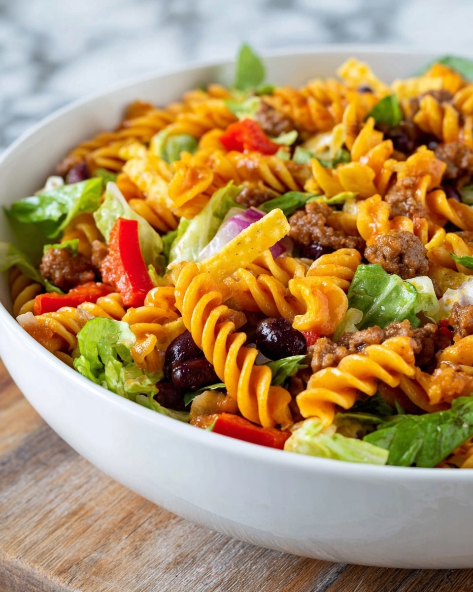 A close-up view of a white bowl filled with a layered salad showing orange pasta spirals mixed throughout. There are red bell pepper pieces scattered along with green lettuce leaves adding fresh color. Dark kidney beans dot the salad giving a contrast to the orange and green. Also mixed in are clusters of light brown cooked ground meat and yellow tortilla chips pieces breaking up the layers. The bowl sits on a wooden surface, though the background is changed to a white marbled texture. photo taken with an iphone --ar 4:5 --v 7
