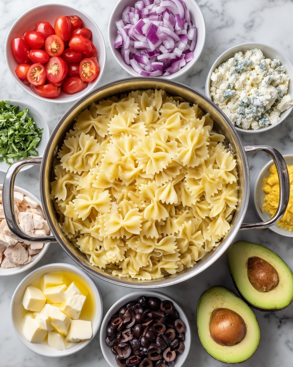 A large silver pot filled with cooked bow-tie pasta sits in the middle on a white marbled surface. Around the pot are six small white bowls showing various ingredients: halved cherry tomatoes, dark finely chopped olives, crumbled light blue cheese, chopped red onions, chopped boiled eggs with yellow yolks, and chick pieces that are light brown. Two halved avocados with bright green flesh and dark pits are placed near the pot, adding a fresh touch. photo taken with an iphone --ar 4:5 --v 7