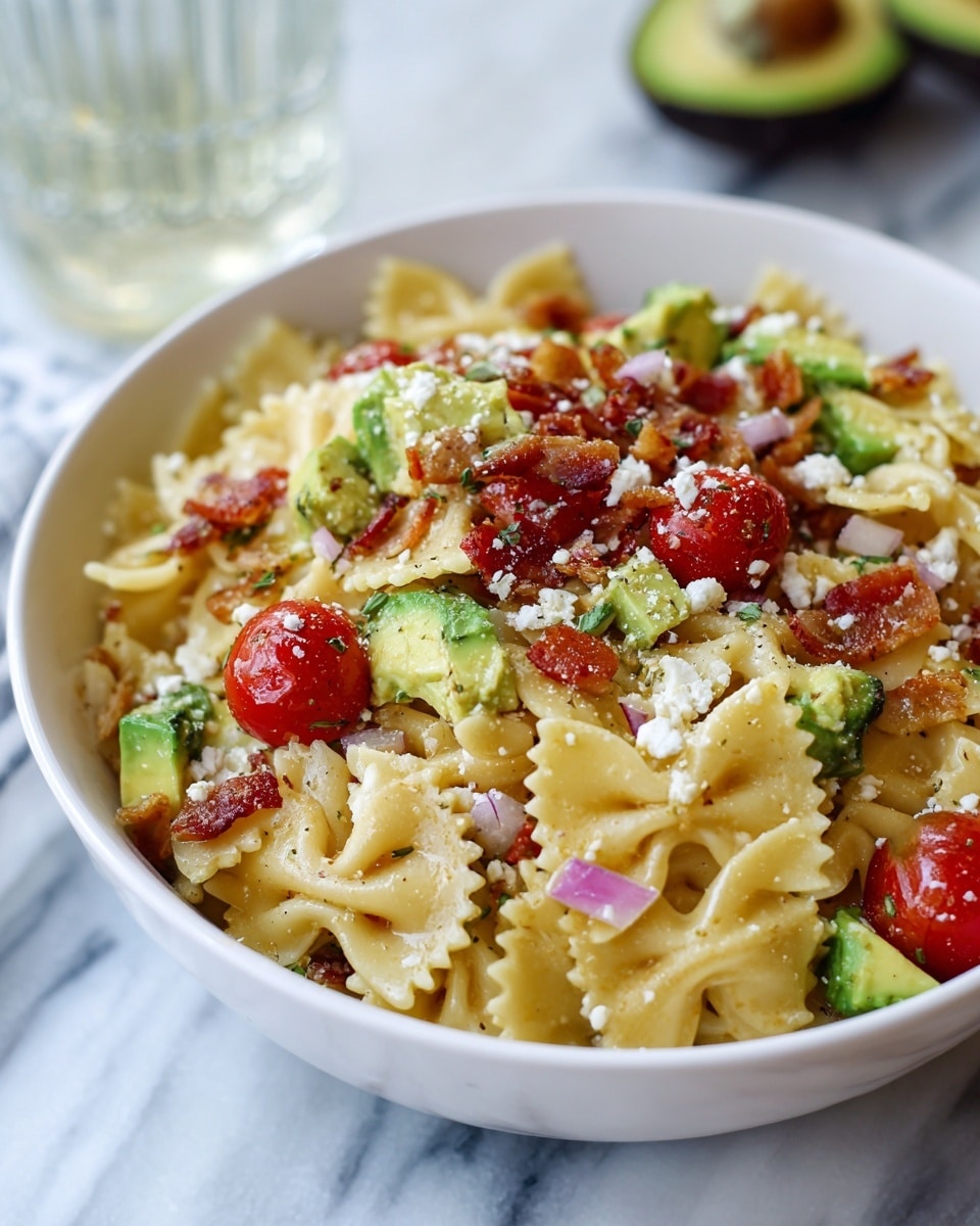 A white bowl filled with farfalle pasta mixed with small red cherry tomatoes, crispy bacon pieces, and chunky green avocado slices. On top, there is a sprinkle of crumbled white cheese and small bits of red onion scattered around. The background shows a white marbled surface with out-of-focus elements like a glass and avocado in soft natural light. Photo taken with an iphone --ar 4:5 --v 7