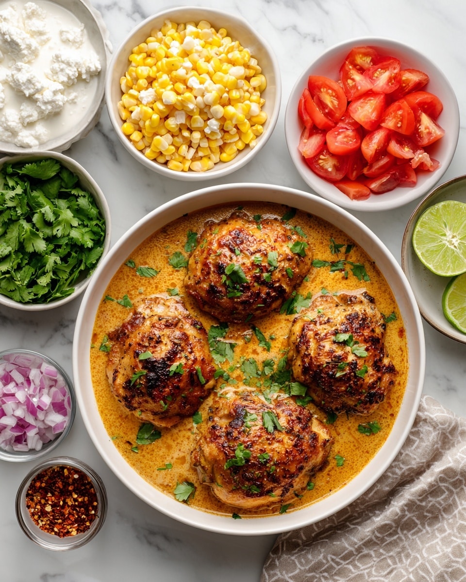 This image shows a white dish with three cooked chicken pieces at the bottom, with a golden-brown sauce around them. Above the dish, there are several white bowls arranged on a white marbled surface. One bowl has bright yellow corn kernels, another has chopped red tomatoes, and a smaller bowl contains chopped green jalapeños. There is a bowl of white sour cream, a bowl of white cottage cheese with a light texture, and a bowl of fresh green cilantro leaves. Two lime halves are placed between the bowls, and there is a small bowl with red and green spices. Another plate holds small chopped pieces of red onion. The setting is neat and organized, with a fresh and colorful look. Photo taken with an iphone --ar 4:5 --v 7