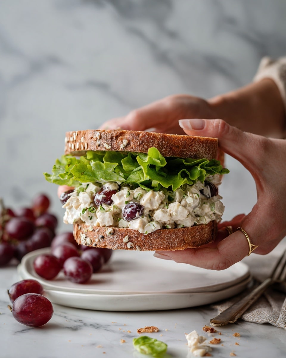 A sandwich held by a woman's hands shows two slices of brown bread with a soft texture and visible air holes. Inside the sandwich, there is a thick layer of creamy chicken salad mixed with white cheese cubes and dark red grapes, topped with fresh green leaf lettuce. The sandwich is presented above a white plate, which rests on a white marbled surface with scattered crumbs and grapes nearby. The photo taken with an iphone --ar 4:5 --v 7