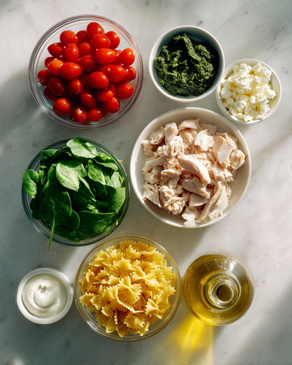 The image shows seven clear bowls and a bottle placed on a white marbled surface. Starting from the top left, the first bowl contains bright red cherry tomatoes cut in half. Next, a bowl of dark green pesto sauce is in the center top. To the right, a white bowl holds small pieces of light beige cooked chicken. Above it, a small bowl contains white crumbled cheese. Below the chicken, a clear bowl is filled with bright green fresh spinach leaves. In the middle bottom, a clear bowl holds yellow uncooked farfalle pasta. On the bottom left, a small bowl contains a white creamy sauce next to a glass bottle of golden olive oil. Each item is placed clearly apart from others, showing vibrant and fresh ingredients, on the smooth white marbled surface. Photo taken with an iphone --ar 4:5 --v 7