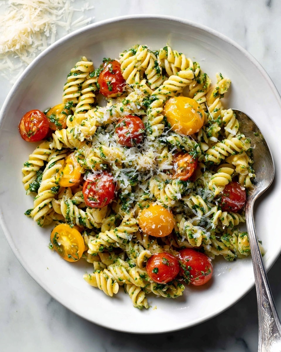 A close-up view of a plate of spiral pasta mixed with small green herb sauce layers covering the pasta evenly, scattered with halved red and yellow cherry tomatoes showing their juicy red and orange interiors; the pasta is sprinkled with white grated cheese on top. The dish is served in a simple white plate placed on a white marbled surface, with a silver spoon resting on the right side inside the plate. Bright natural light highlights the fresh and colorful ingredients, with some grated cheese and a few tomatoes beside the plate for added detail. Photo taken with an iphone --ar 4:5 --v 7