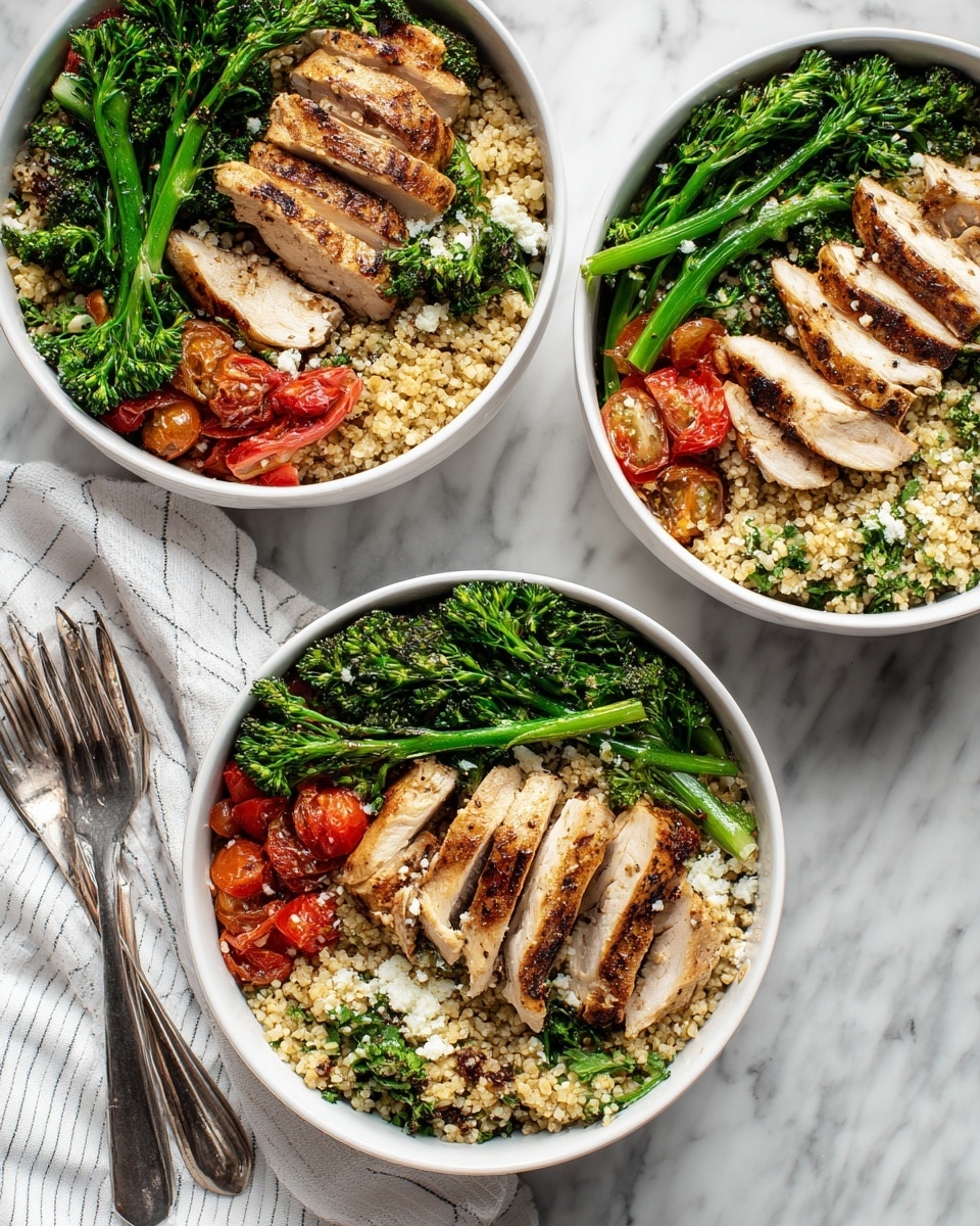 Three white bowls sit on a white marbled surface, each filled with a layered dish. The bottom layer consists of light tan grains, followed by bright green broccolini florets scattered on top. Sitting above the grains and broccolini are several slices of grilled chicken, showing a light brown color with darker grill marks. Small pieces of red tomatoes add pops of color throughout the dish. Two silver forks rest on a white striped cloth near the bottom left bowl. The photo taken with an iphone --ar 4:5 --v 7